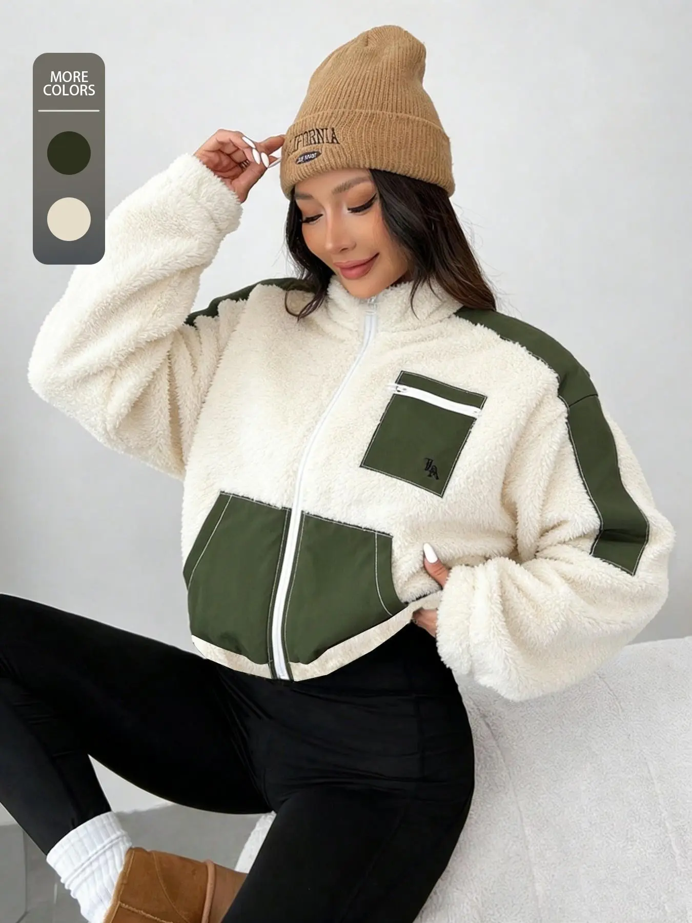 Autumn Winter American Retro Patchwork Fleece Short Jacket, Stand Collar Zipper Closure, Casual Loose-Fit, Street Style Atmosphere