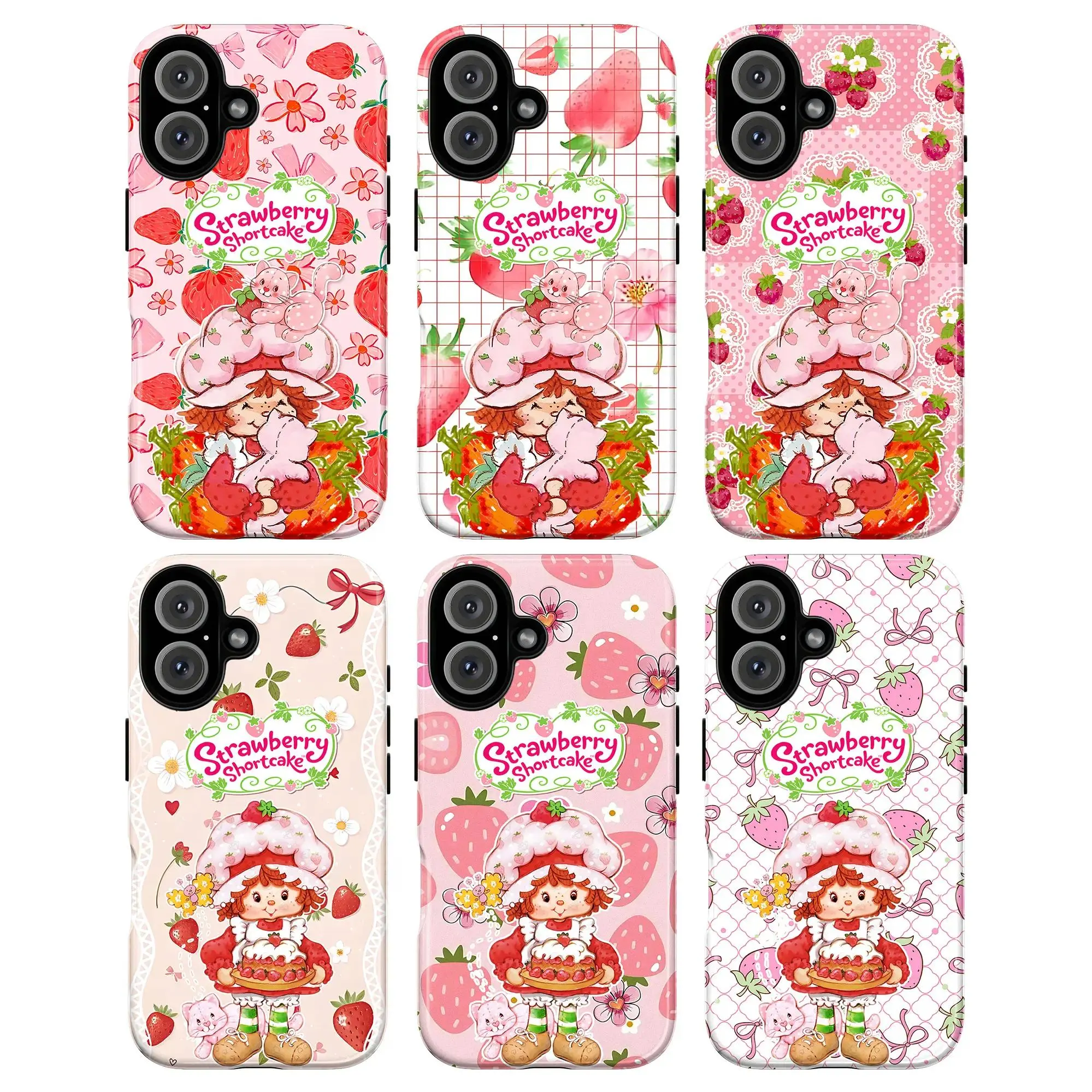 Strawberry Shortcake TPU Phone Case - Cartoon Pink Bear, Strawberry Cake, Flowers, Grids, Polka Dots, Ribbons, Nostalgic Retro Artistic Design - Shock-Absorbing Shell Phone Accessory for iPhone 11-17 Pro Max/Plus, Samsung Galaxy S23-25