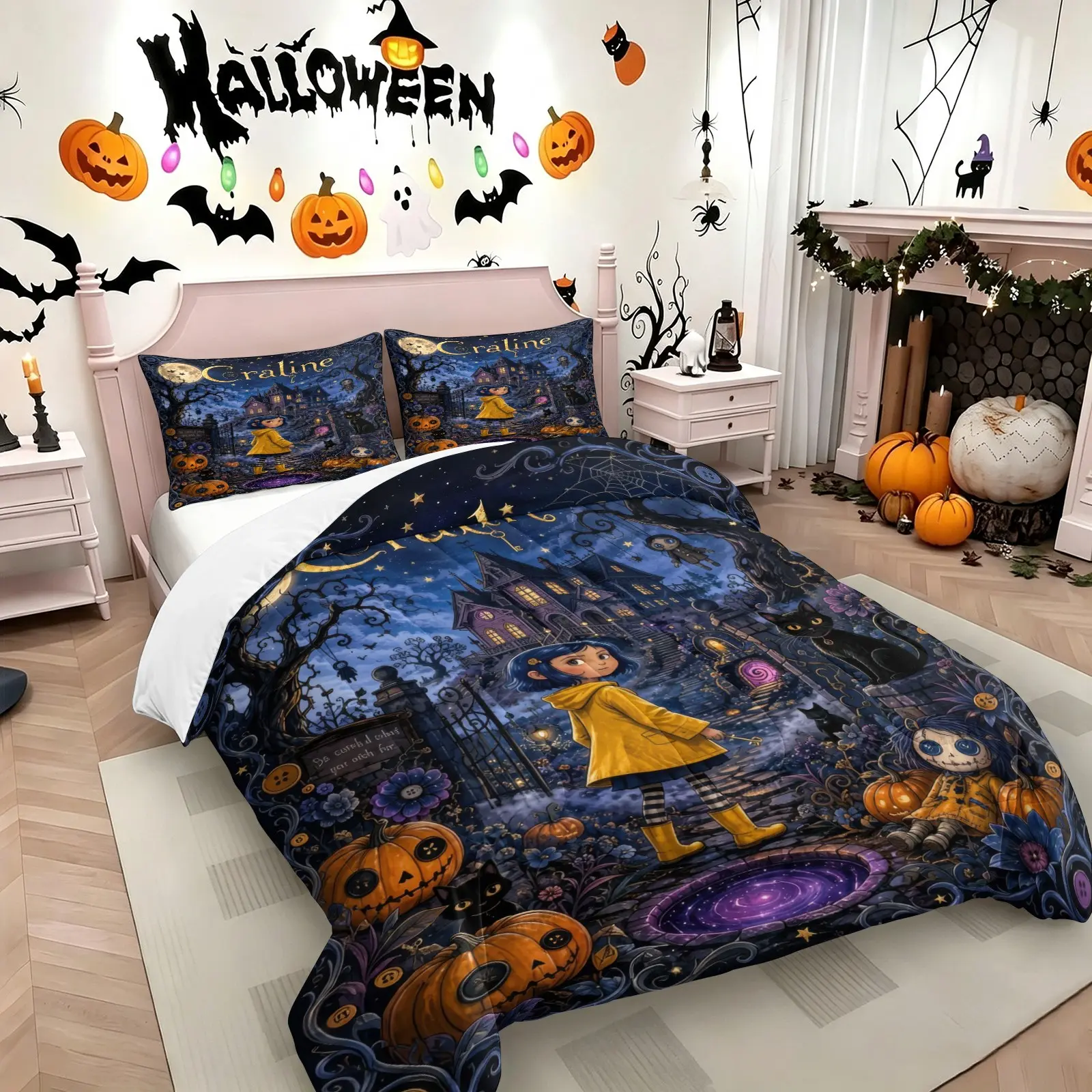 Gothic- Coraline Comforter Set, 1 Comforter with 1-2 Pillowcases,Haunted House & Jack o' lantern Print Bedding, High Elastic Silk-Cotton Filling, Fluffy Warm Cozy, Comfy Bedding Set, Fantasy Horror Halloween Bedroom Decor, Ideal Fan Gift
