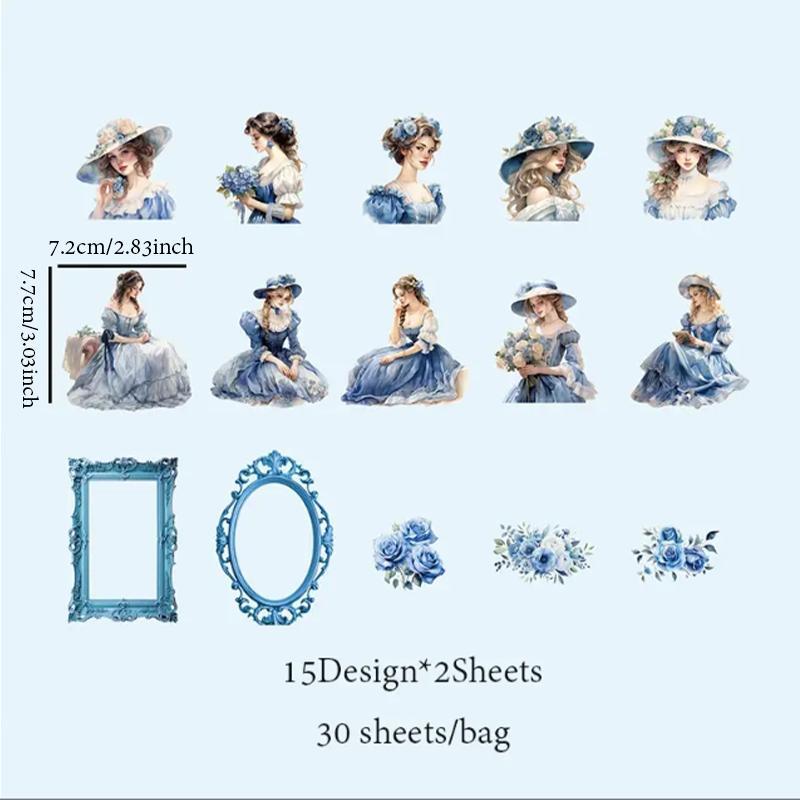 Vintage Girl Pattern Stickers, 30 Sheets/Pack PET Waterproof Self Adhesive Material Sticker, Scrapbook Decorative Stickers