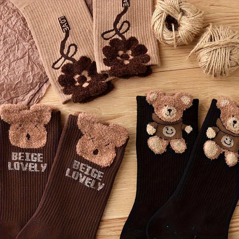 Premium 6 Pairs Women's Beige Striped Socks - Soft Polyester Cute Cartoon Bear Design - Mid-Calf Length for Autumn & Winter - Comfortable Hand-Washable Style Womenswear Bridal