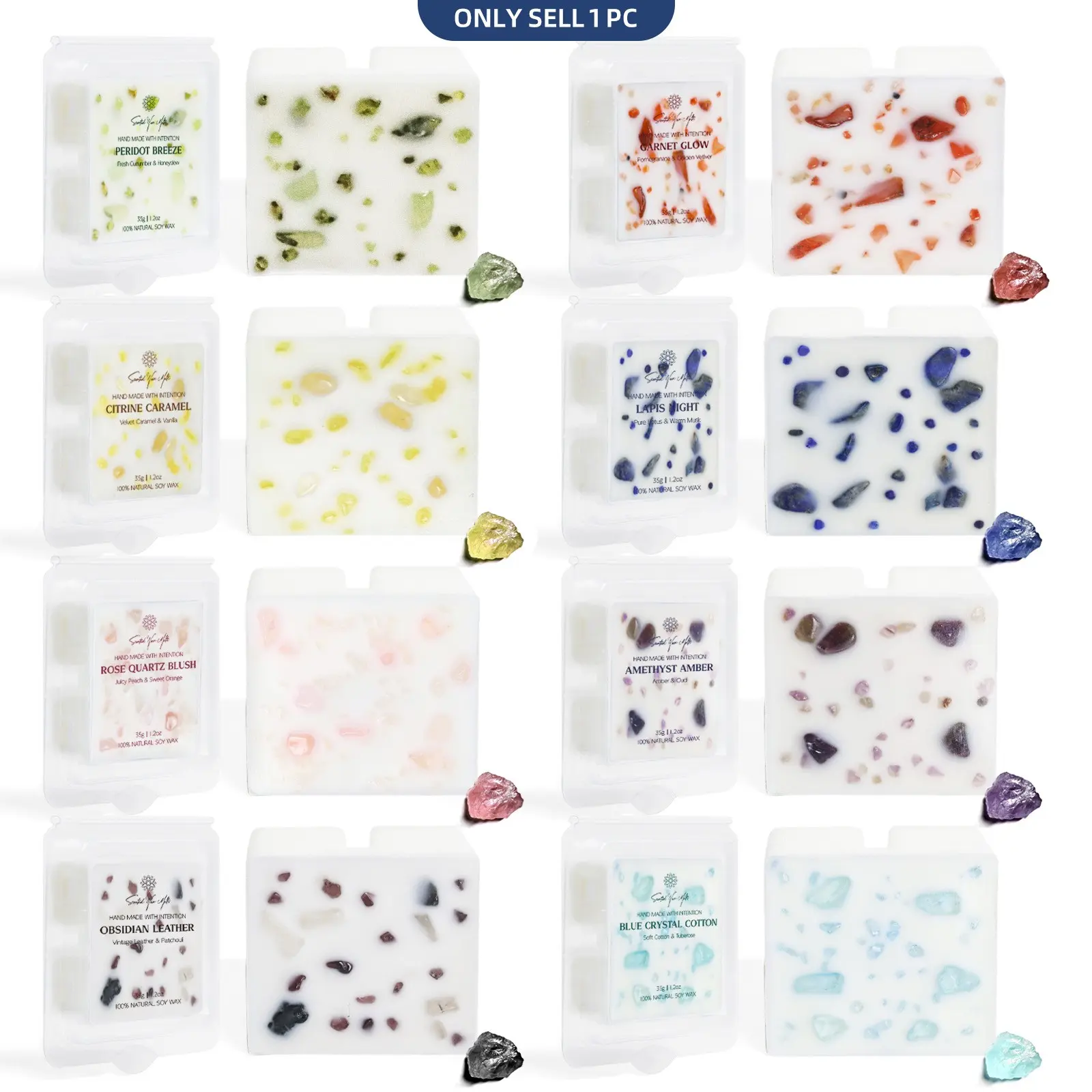 Scented Wax Melts Gift Set – 8 Fragrances with Crystal Details – Peach, Vanilla Caramel, Midsummer Night, Leather & More – Soy Wax Cubes for Wax Warmers, Gift Set for Mother's Day, Christmas, Birthday, Decor