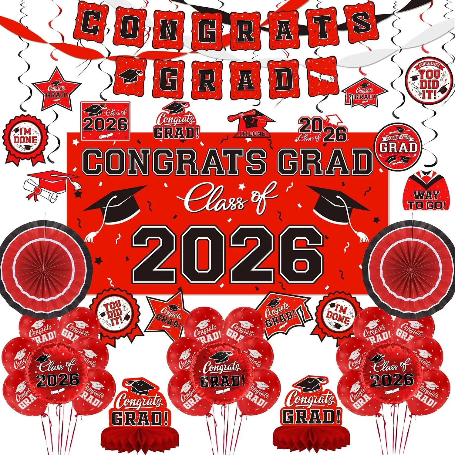 Red‑Theme Class of 2026 Graduation Decor Kit, Congrats Grad Banner, Backdrop, Balloons & Streamers, All‑in‑One Party Supplies for High School College Grad Parties