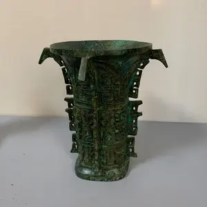 Original Flared Mouth Beast Pattern Bronze Art Vessel, Oriental Table Decor Statue