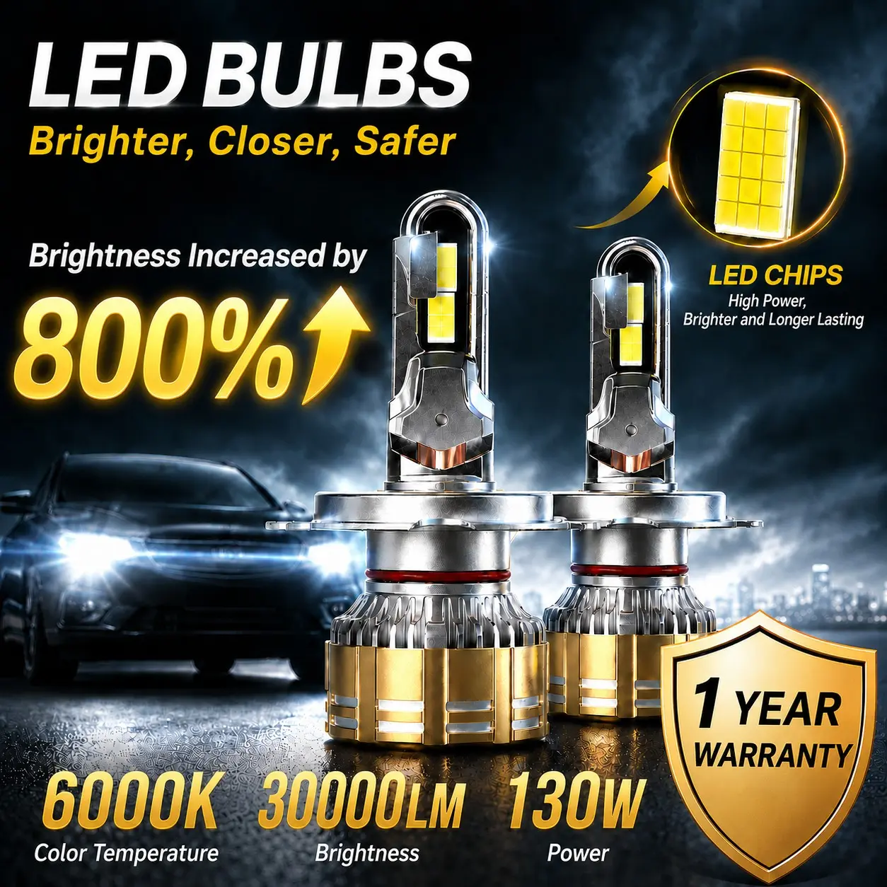 ZOOMKEY 2-Pack 130W Car LED Headlight Bulbs/30000LM High Lumen Headlight, Car LED Front Headlights, Super Bright, Car Front Headlights, 9~16V H1 H4 HB2 9003 H7 H8 H9 H11 HB3 9005 H10 HB4 9006 HIR2 9012 6000K White Light, Durable, Cars, Motorcycles, Trucks