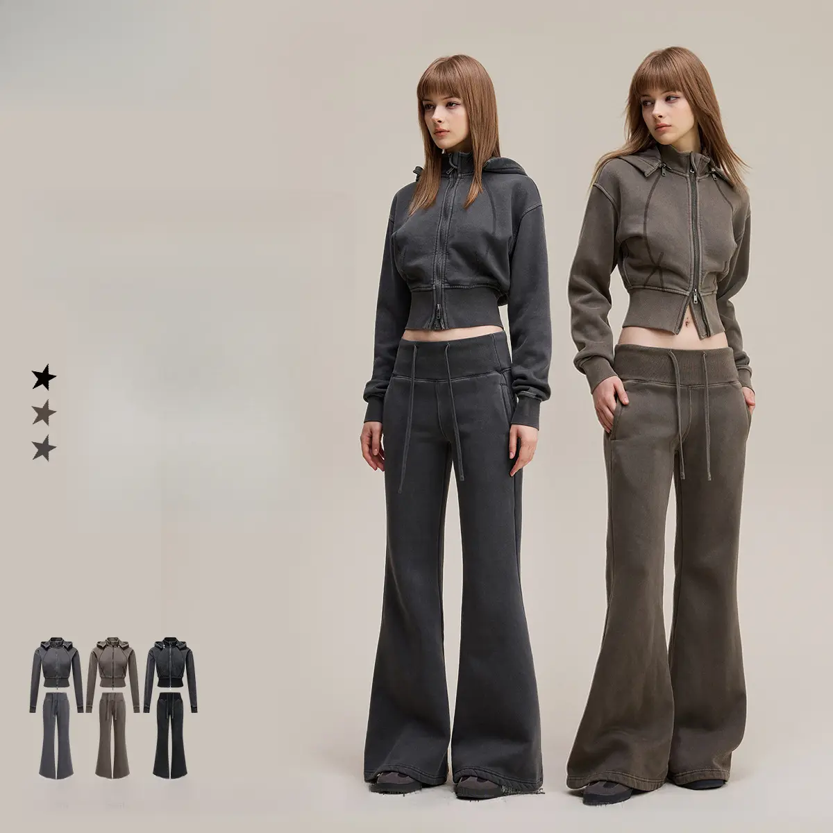 Women Fall Vintage 2‑Piece Co‑Ord Set, Fleece‑Lined Waist‑Defined Zip‑Up Hoodie & Casual Sweatpants Matching Tracksuit