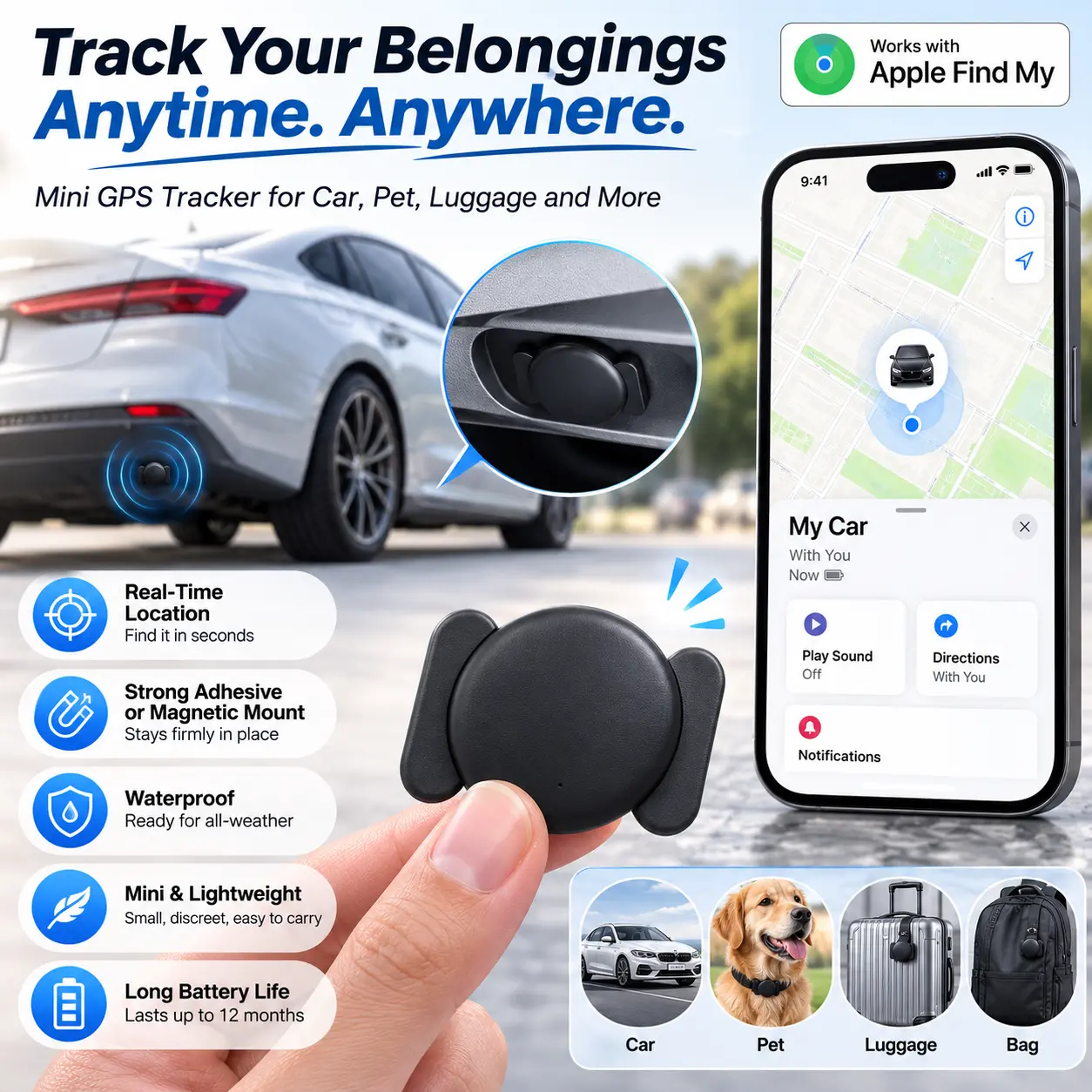 Mini GPS Tracker for Cars, Dogs and Cats, Portable Wireless Pet and Vehicle Tracking Device with Waterproof Magnetic Case for Luggage
