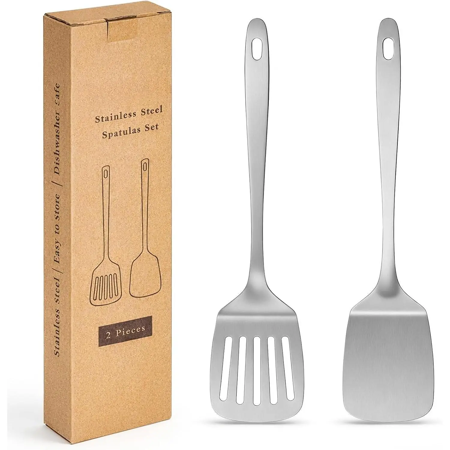 2 count Stainless Steel Spatula Set, Solid & Slotted Turner | Heat Resistant, Heavy Duty Kitchen Utensils, Dishwasher Safe, For Flipping Fish Eggs Pancakes, Everyday Kitchen Cooking