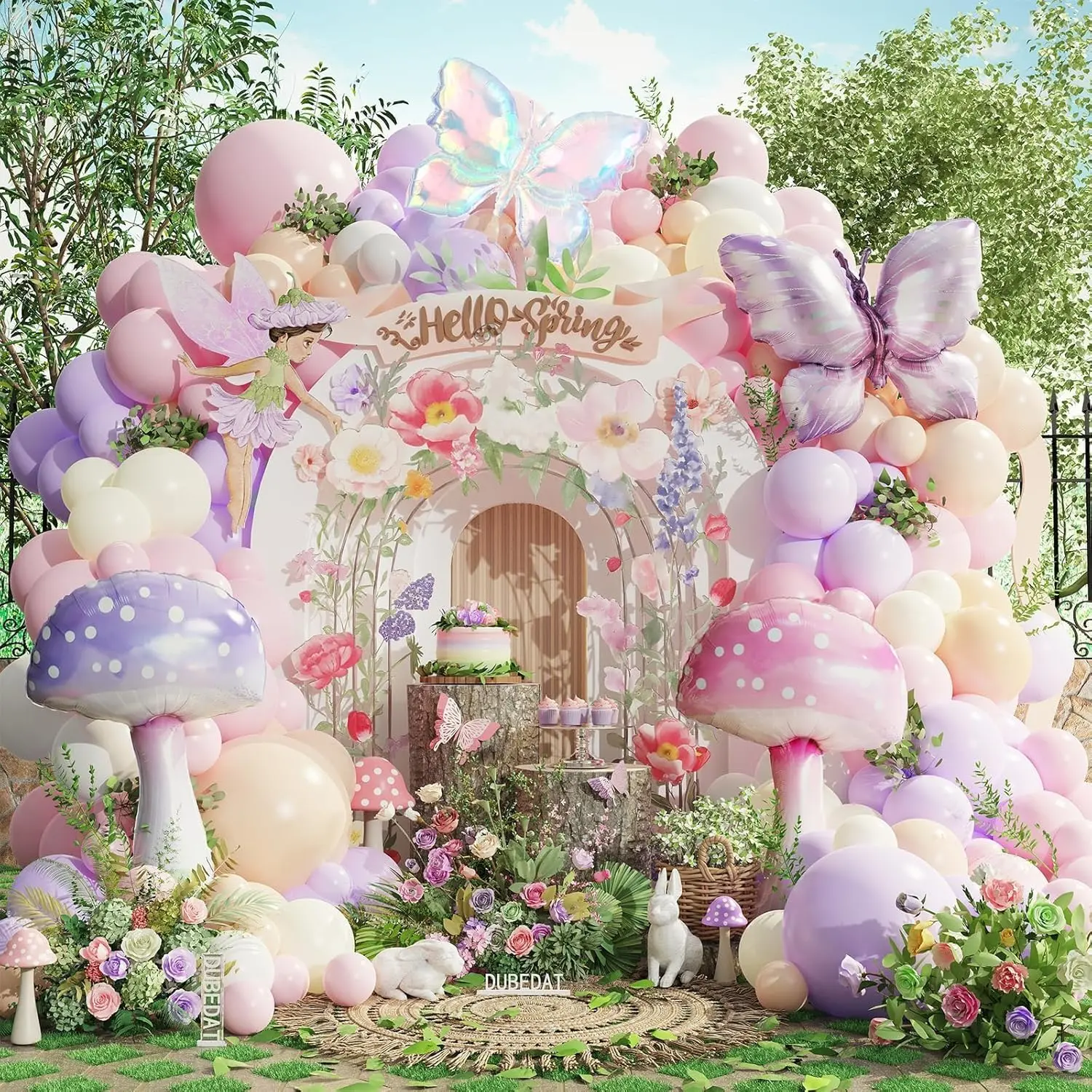 Pastel Balloon Arch Garland Kit - 146Pcs Pink, Purple, Nude, White Balloons with Mushrooms, Butterflies for Girls' Fairytale Party Decor, Knot-Included Decoration for Doorways, Baby Shower, Bride Events