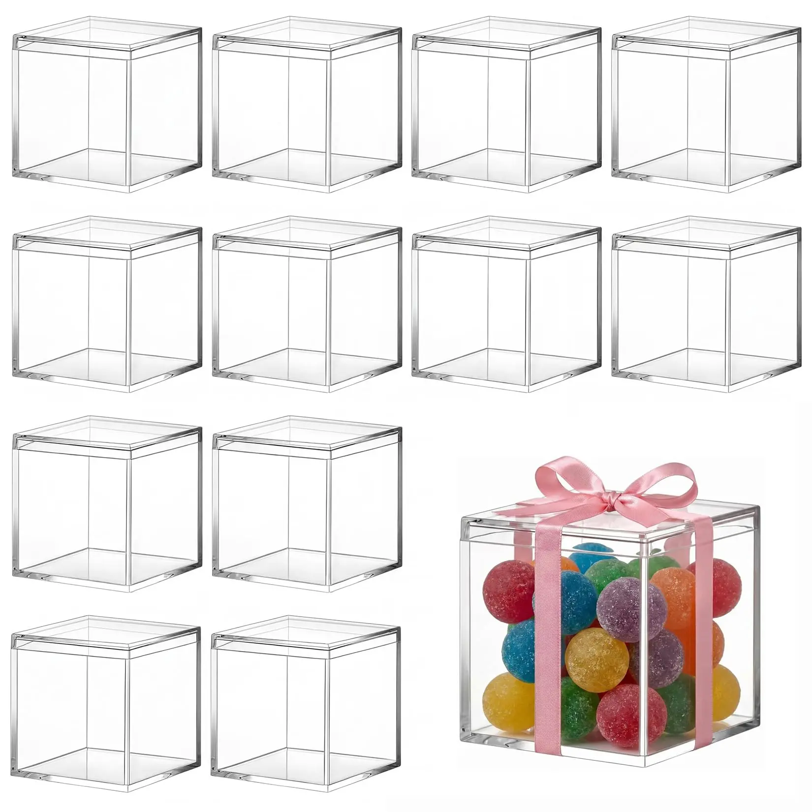 GAOMON 12-Pack Clear Acrylic Storage Boxes with Lids, 3-Inch Cube, 2mm Thick Plastic for Organizing Jewelry, Wedding Candy, Party Favors, and Home Use