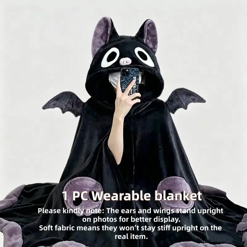 【summerween】1pc Unisex Wearable Blanket Bat  Hooded Cape, Oversized Bat Sleeve Plush Thick Cloak, One Size Fits All, Perfect Holiday Gift
