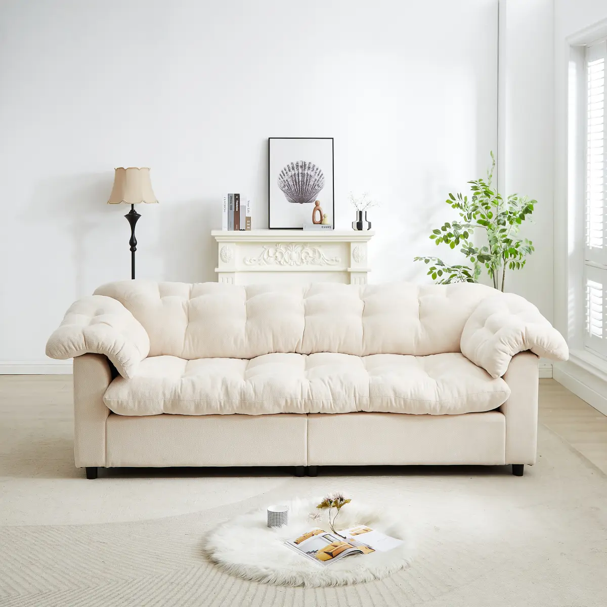 3-Seater Couch, 94.8-inch Oversized Modern Comfy Tufted Chenille Fabric Cloud Fluffy Foam Deep Seat Soft Loveseat Sofa Couch for Living Room Bedroom Office, Beige