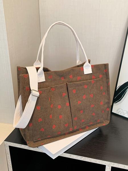 Small fresh strawberry print canvas tote bag for women Strawberry Themed Bag Large capacity multi-pocket shoulder bag Fashionable and versatile student bag Can hold mobile phones and cosmetics to meet the capacity needs of daily commuting and shopping