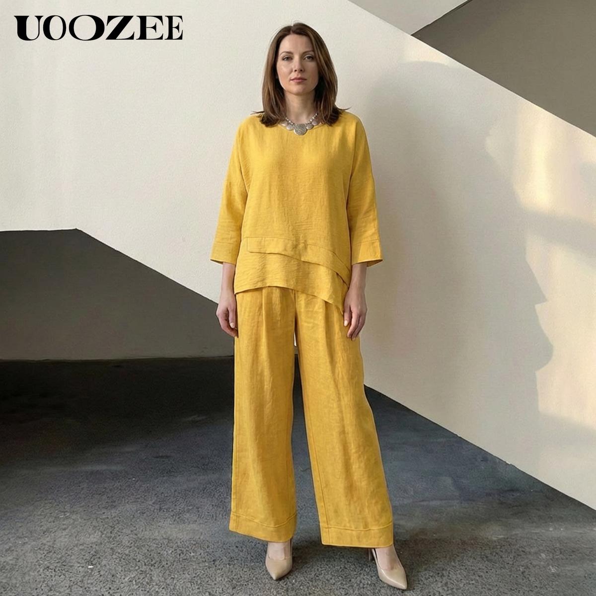UOOZEE Women's Spring Summer Trend Look Loose Elastic Waistband with Pockets Wide Leg Pants & Oversized V-Neck Top Two-Piece Set, Spring Summer Casual/Work/Weekend Co-Ord for Women