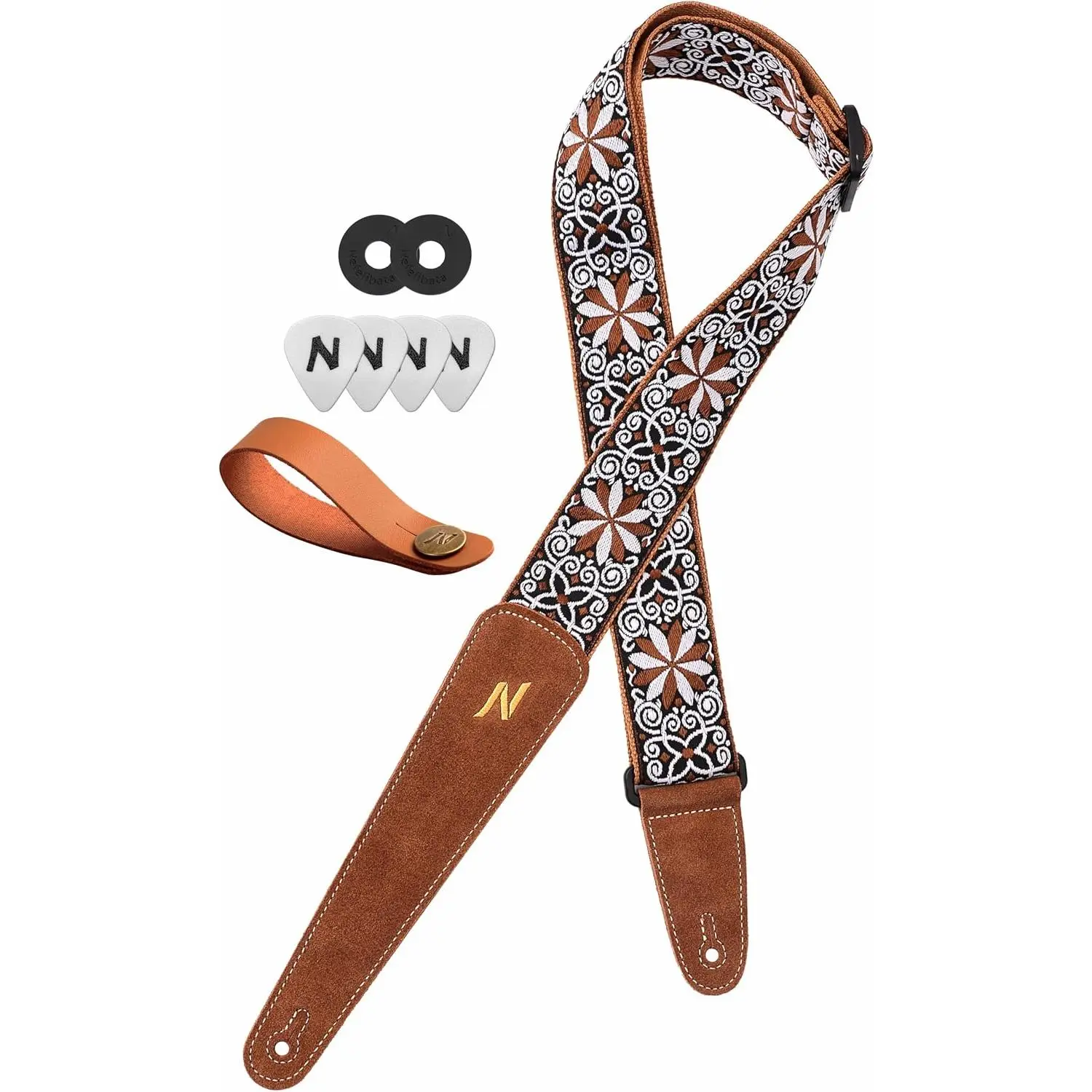 Guitar Strap 2 Inch, with Extended Soft Suede Leather Ends for Bass, Electric and Acoustic Guitars