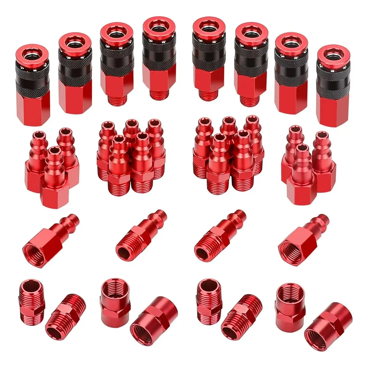 36-Piece Quick Connect Anodized Aluminum Universal Air Coupler & Industrial Air Plug Kit, 1/4 in FNPT Threads, Compressor Hose Coupling Fittings for Pneumatic Tools, Automotive Use & Industrial Users, 1/4" Threads