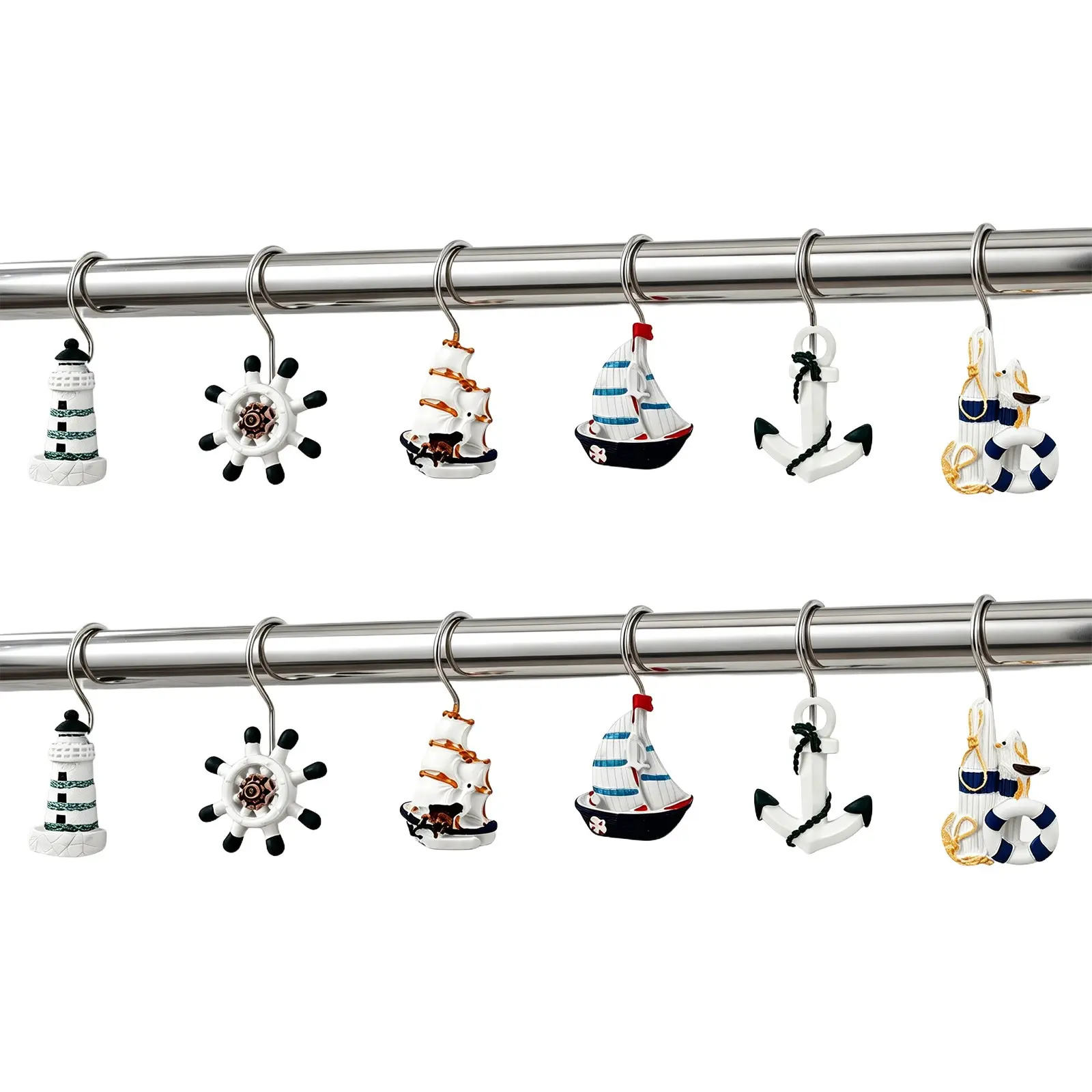 12-Piece Vintage Nautical Decorative Hooks, Lighthouse and Sailboat Curtain Tiebacks, Bathroom Kitchen Storage, High-Style Home Decoration