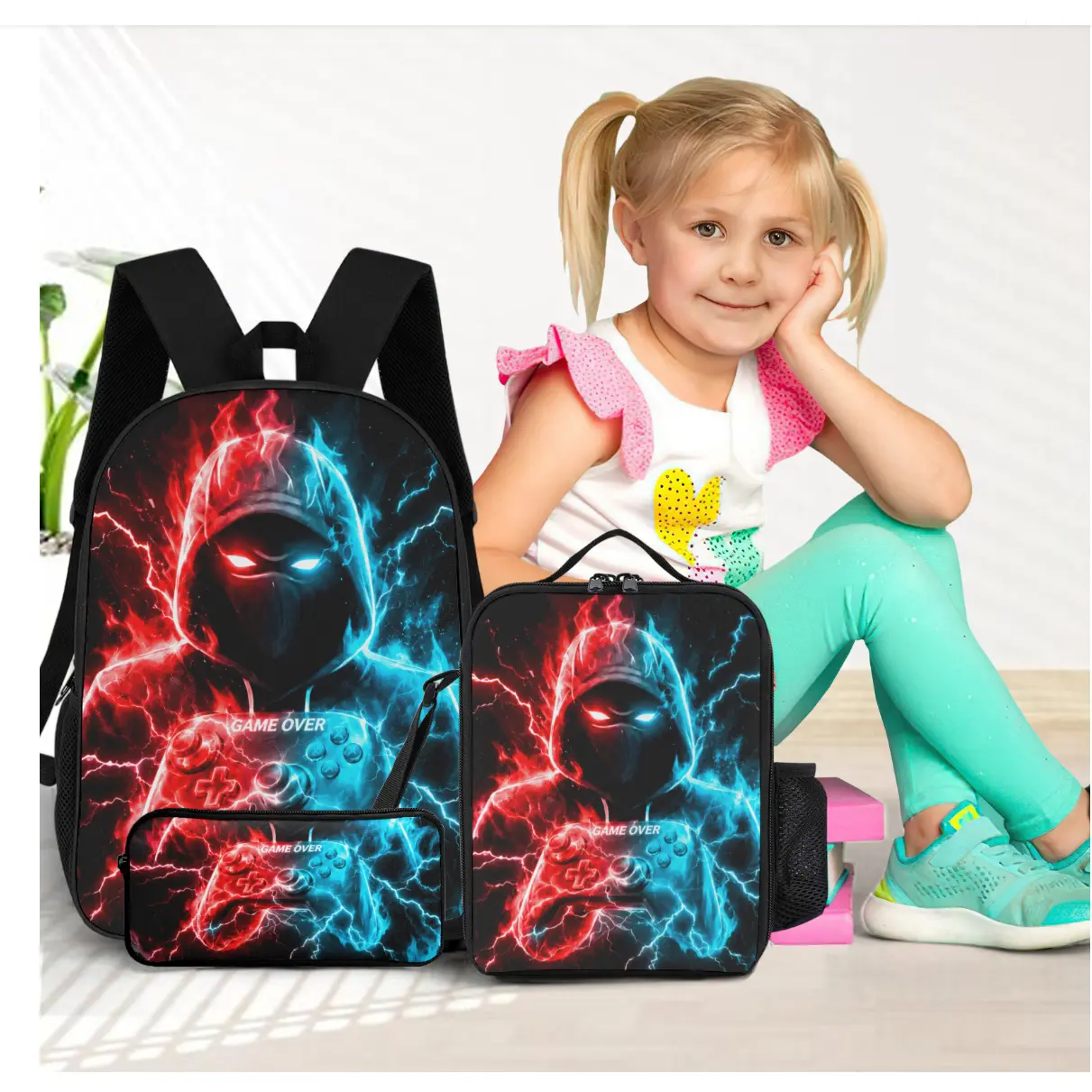 Cool hacker game console backpack, backpack set, backpack, lunch box, pencil case, essential three piece set for back to school season