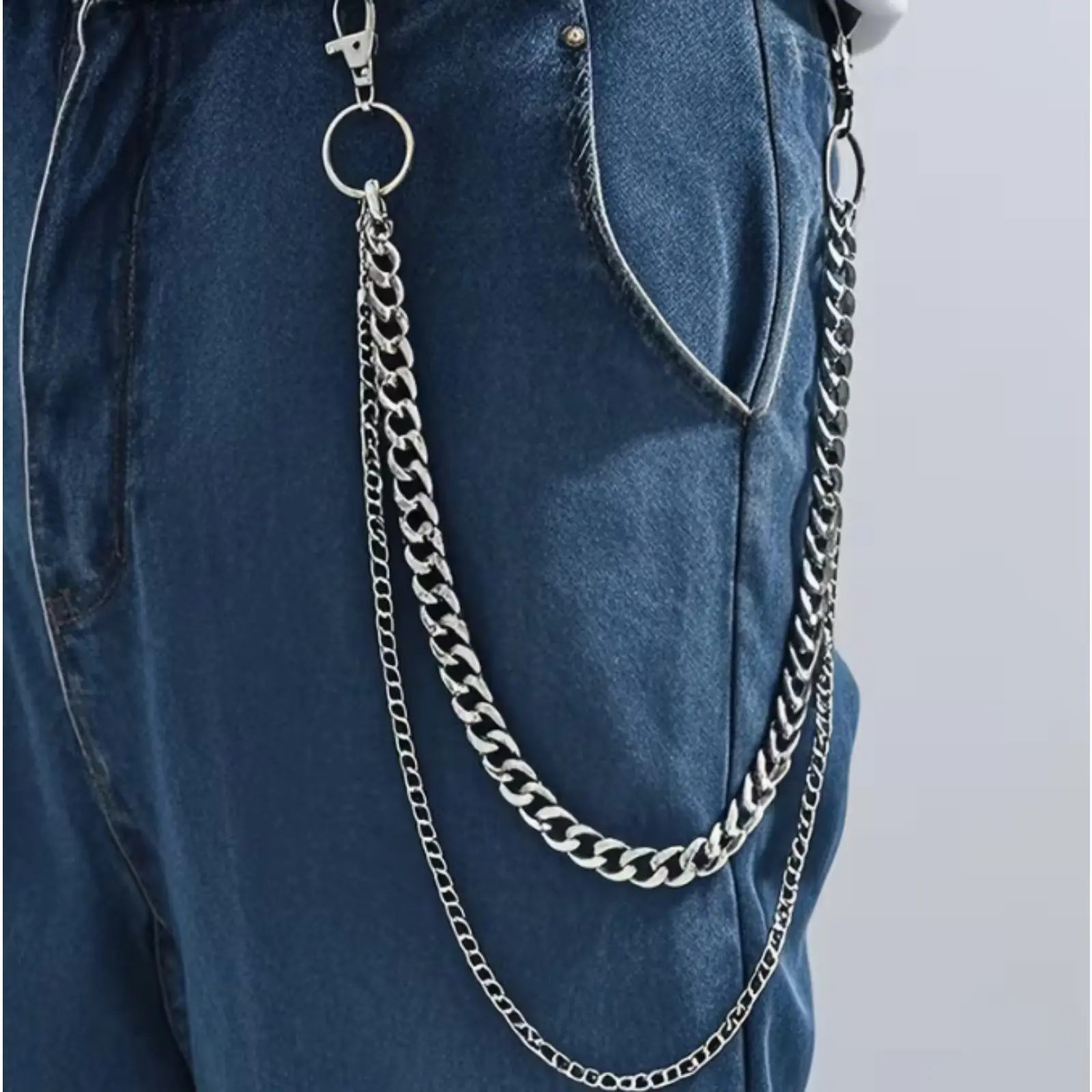 Jeans Pants Chain, Trendy Double-Layer Silver Trousers Chain, Hip Hop Curb Chain Wallet Chain, Detachable Clasp Metal Waist Accessory, Punk Streetwear Gothic Jean Decor Chain