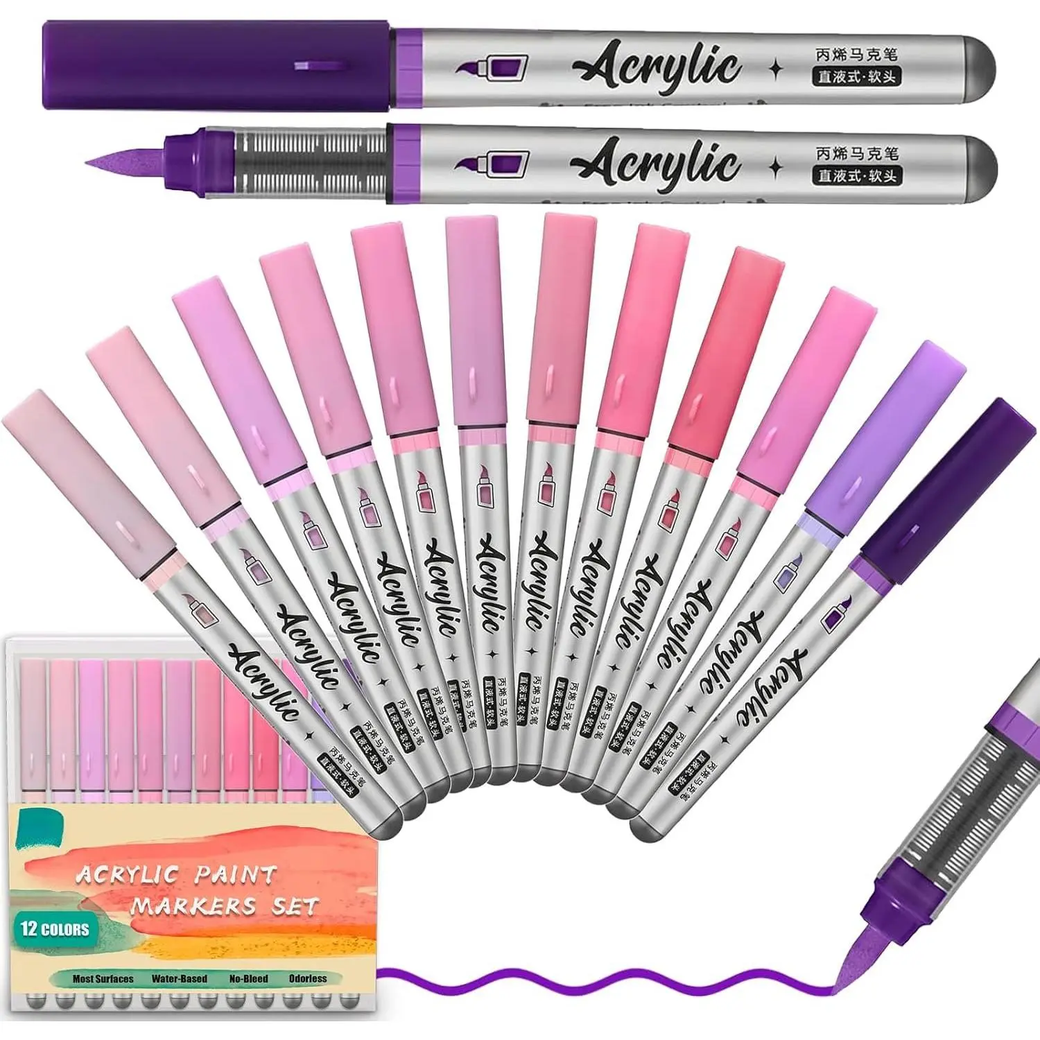 Markers Pens 12 Color Creative Marker Set with Soft Brush Tip Blendable, Water-Based Formula for Paper, , Ceramic, Glass, Rock, Canvas, Metal, Ideal for DIY Crafts