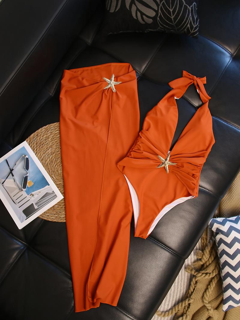 EDOLYNSA Solid Color Starfish Decorated Backless Lace-Up Orange Red One-Piece Swimsuit with High Slit Skirt Two-Piece Set Sexy Swimwear Holiday Pool Party Women's Elegant Bikini Set Fashion 2pcs Bikini Set with Beach Skirt K59