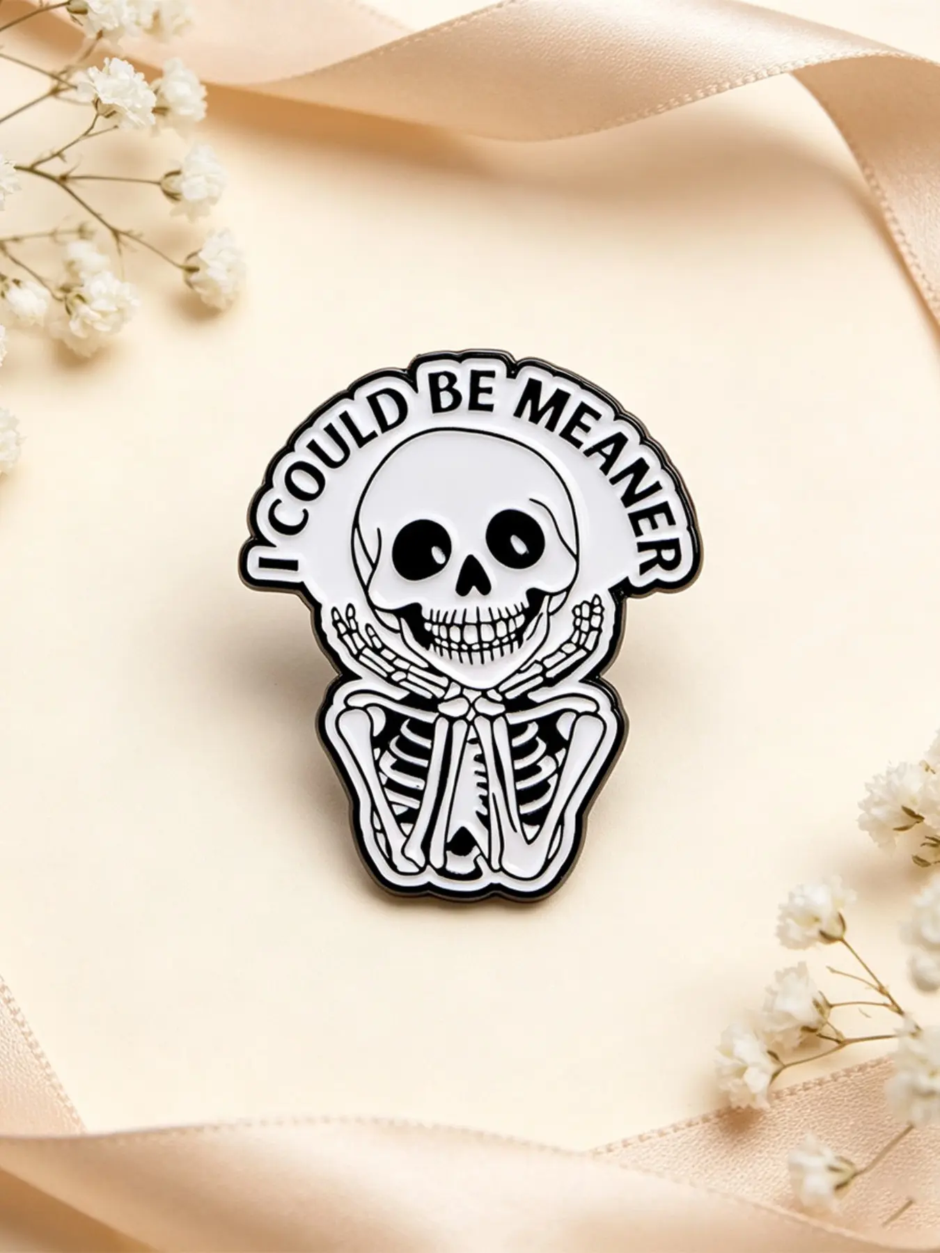 I COULD BE MEANER Skull Quote Pin, Personalized Enamel Pin, Trendy Zinc Alloy Badge, Fashion Accessory for Backpacks, Halloween Gift