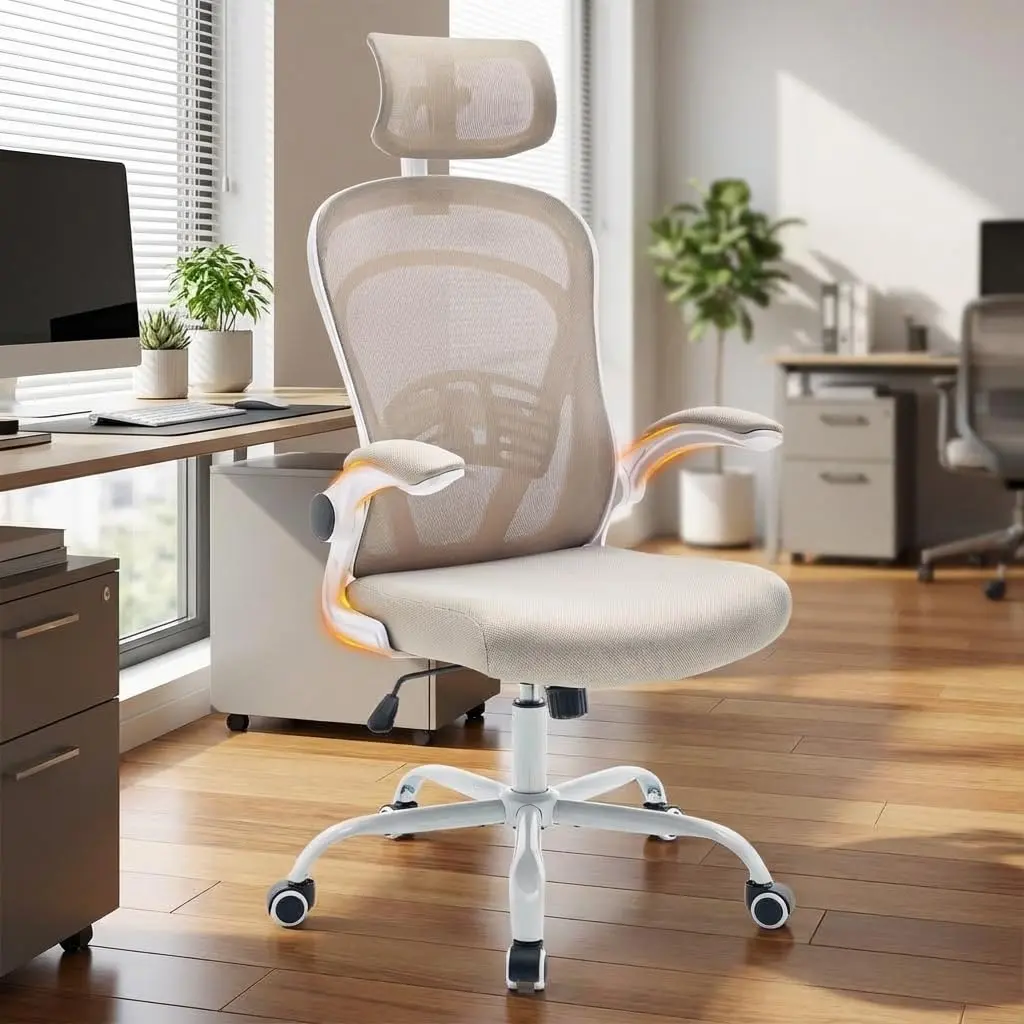 Ergonomic High-Back Mesh Office Chair – Rotate-Up Arms, Lumbar Support, Wide Swivel Seat, Comfortable Desk Chair for Home Office or Gaming, Khaki/Black