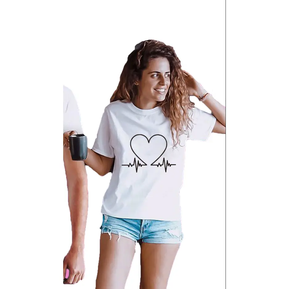 Valentine's Day Custom Love Heartbeat Print Breathable O-Neck T-Shirt Couples Men's Romantic Casual Tops Short Sleeves
