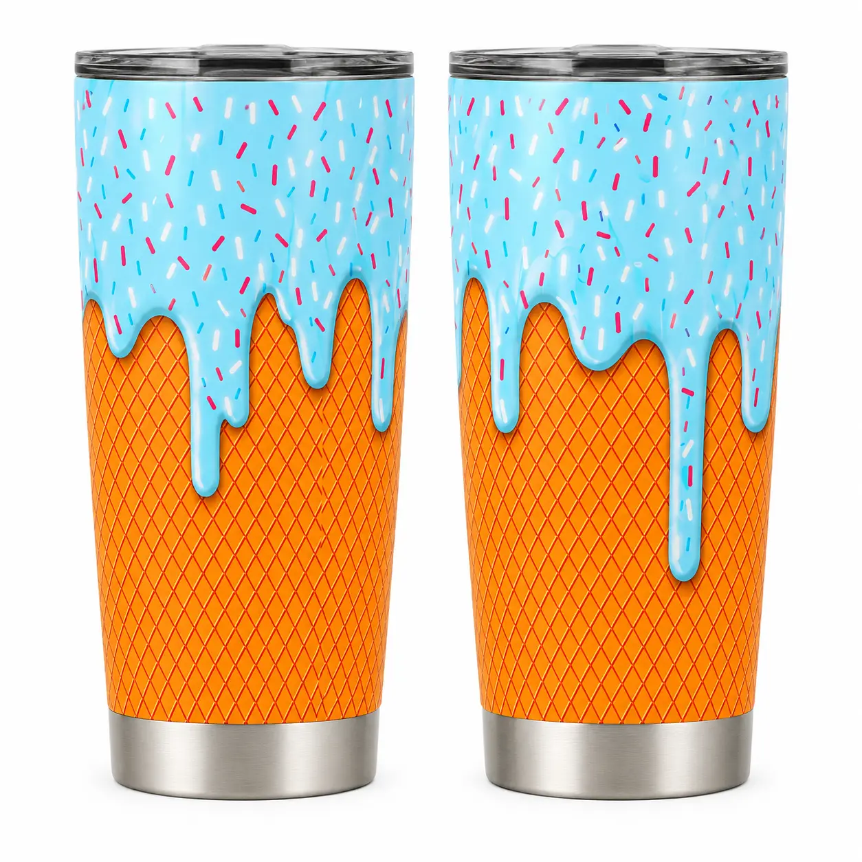 2D Printed Ice Cream Cone 20oz Stainless Steel Insulated Tumbler with Lid, Cute Blue Frosting Sprinkle Travel Coffee Mug, Leakproof Hot Cold Drinkware Gift for Women
