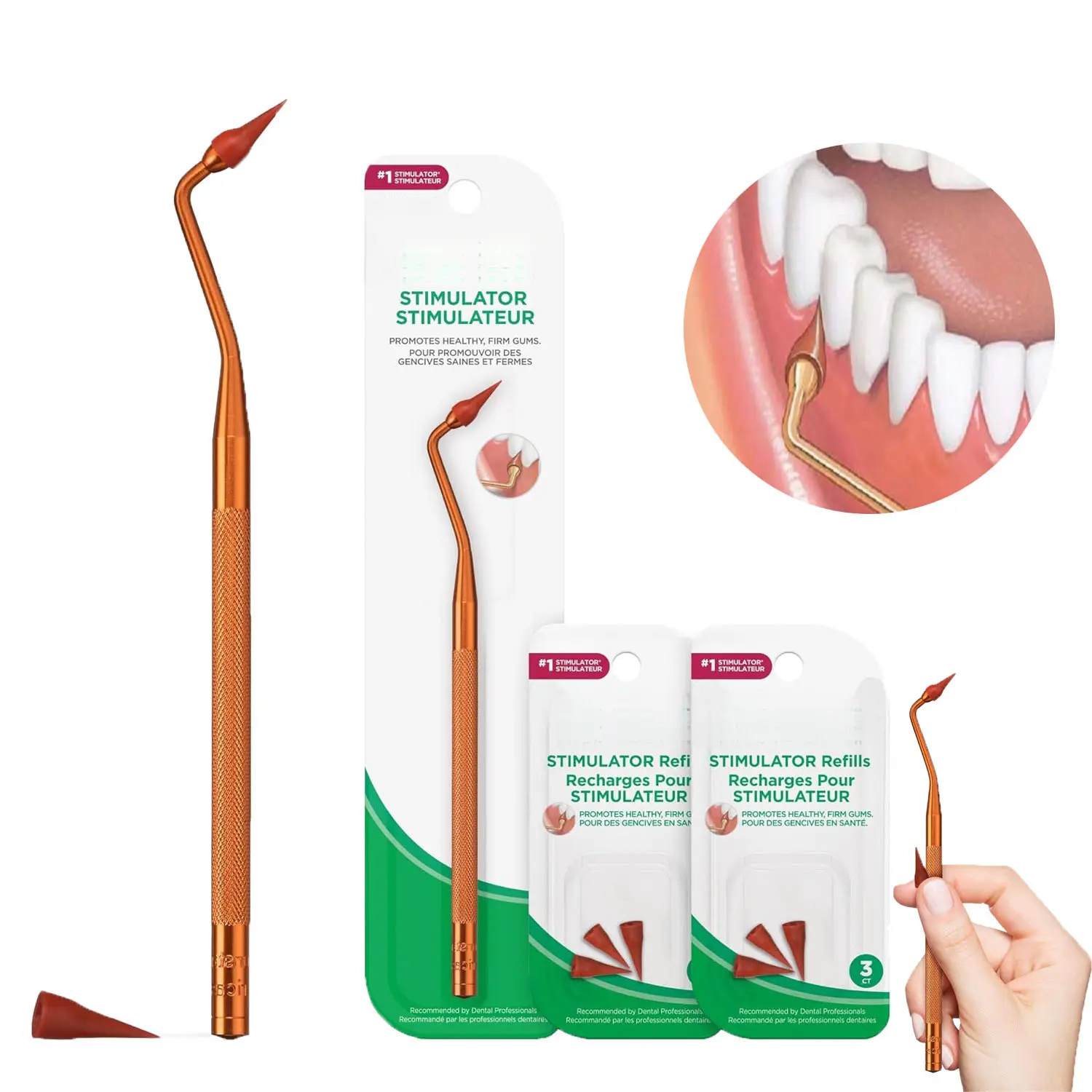 Long Handled Gum Stimulator, Reusable Rubber Tip Gingival Massager, Professional Plaque and Food Debris Remover, 1 Permanent Handle with 2 Refill Rubber Tip Packs for Daily Oral Gum Care