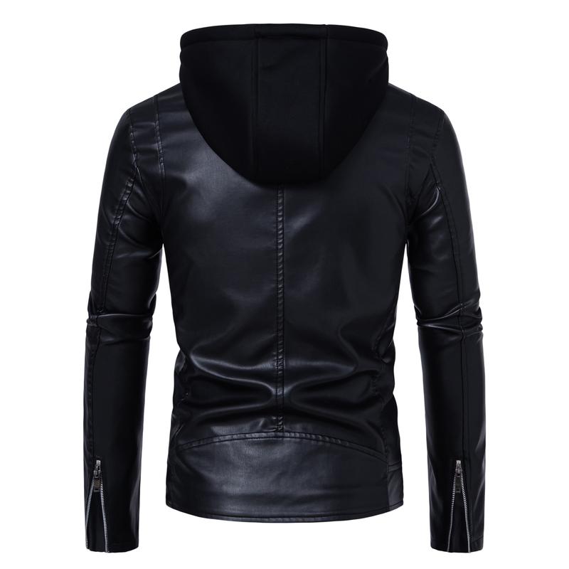 Men's fashionable black PU leather jacket - A versatile and fashionable black mid-length hooded motorcycle leather jacket for winter stand-up collar casual men. Besides keeping warm for men