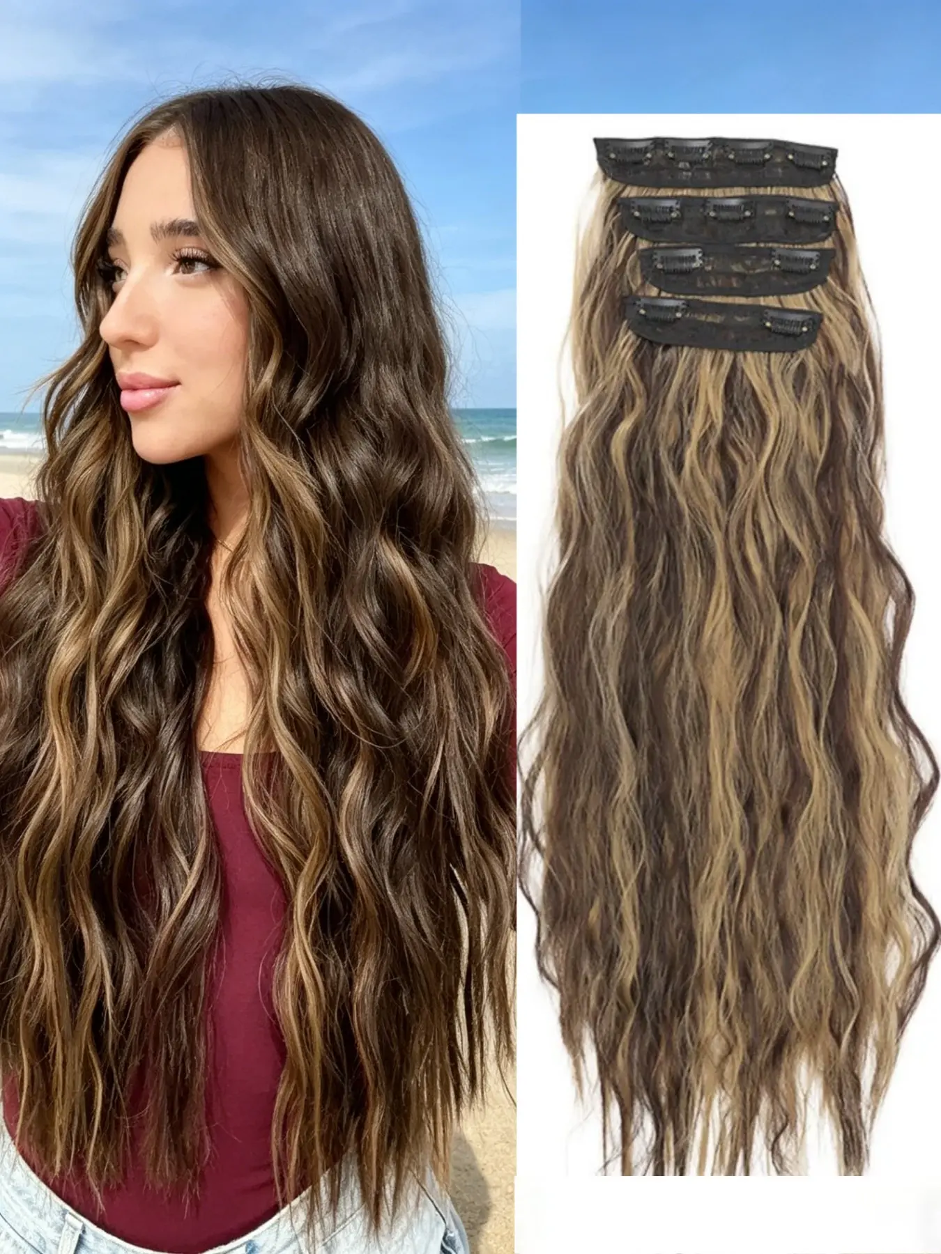 🌊 Beachy Balayage Clip-In Wavy Hair Extensions | Thick Synthetic Hairpieces with Secure Clips, Instantly Add Volume & Length for Effortless Glam!