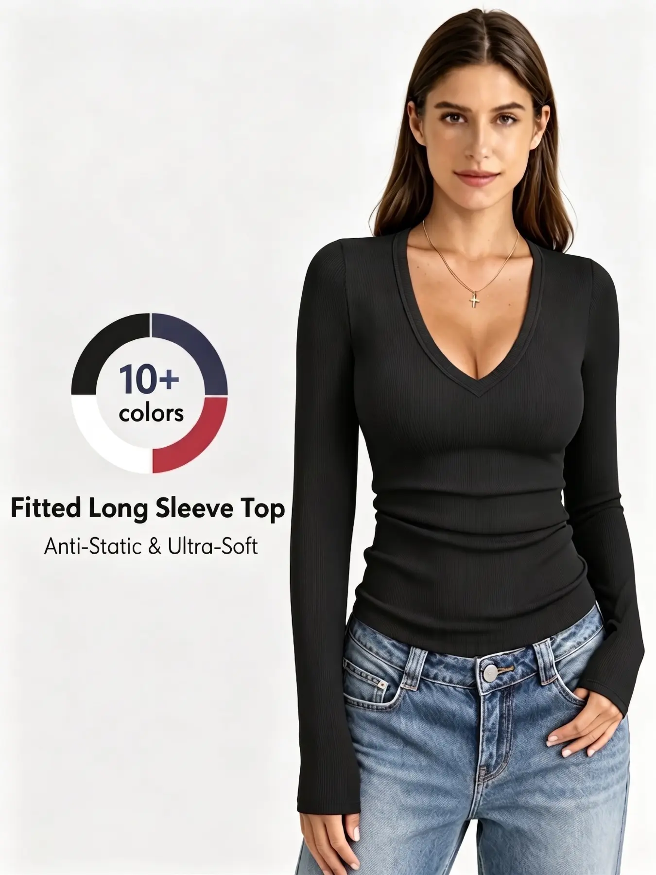 Women Long Sleeve V Neck Shirts for Women Business Casual Work Top Knit Slim Fit for Fall