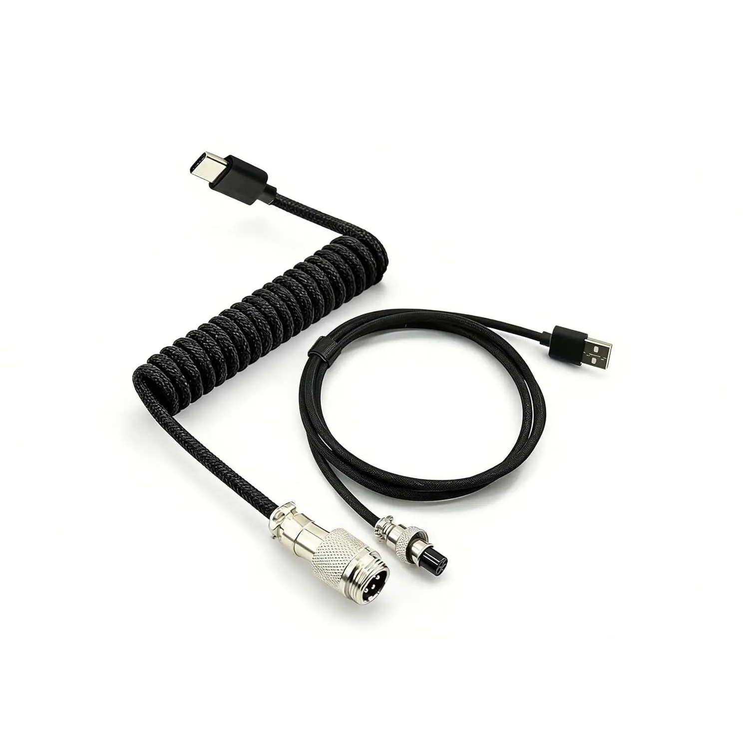 HSEUOPV Custom Synthetic Coiled Cable for Gaming Keyboards, Double-Sleeved with Detachable Metal Aviator, USB-C to USB-A (1.8m, Black)