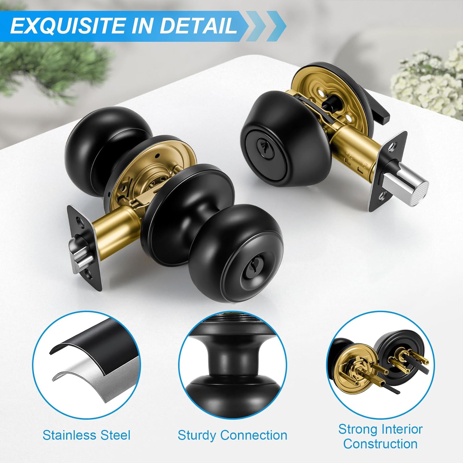 2 Pack Front Door Lock Set Matte Black,Exterior Door Lock Set with Deadbolt,Single Cylinder Deadbolt Lock and Door Knob Set,Keyed Alike Door Knobs with Lock&,Round Ball Entry Door Lockset