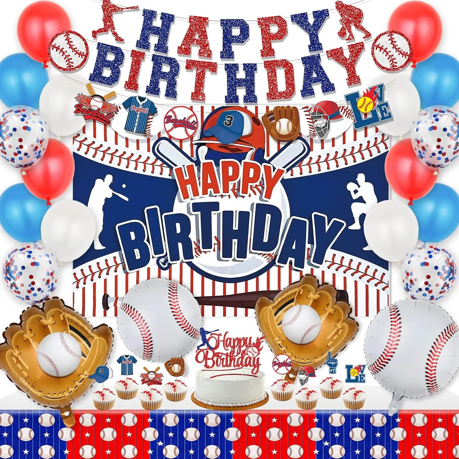 Baseball Party Decorations Supplies Kit with Sport Themed Backdrop, Happy Birthday Banner, Tablecloth, Balloons, Cake & Cupcake ToppersGift
