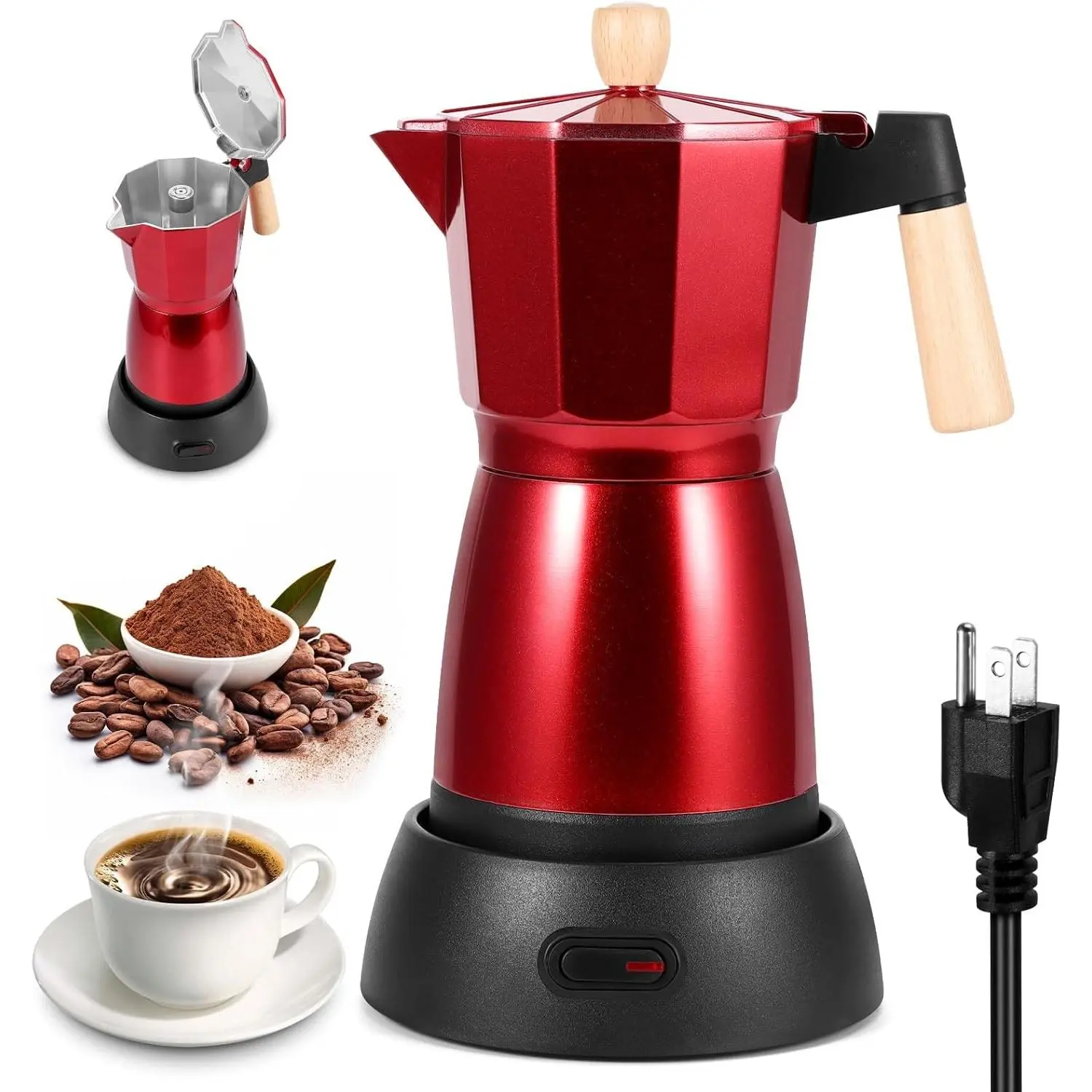 Moka Pot Electric Espresso Coffe Maker, 300ml 6 Cups Portable Coffee Pot with Overheat Protection and Detachable Base, Electric Espresso Maker, 450W, Red
