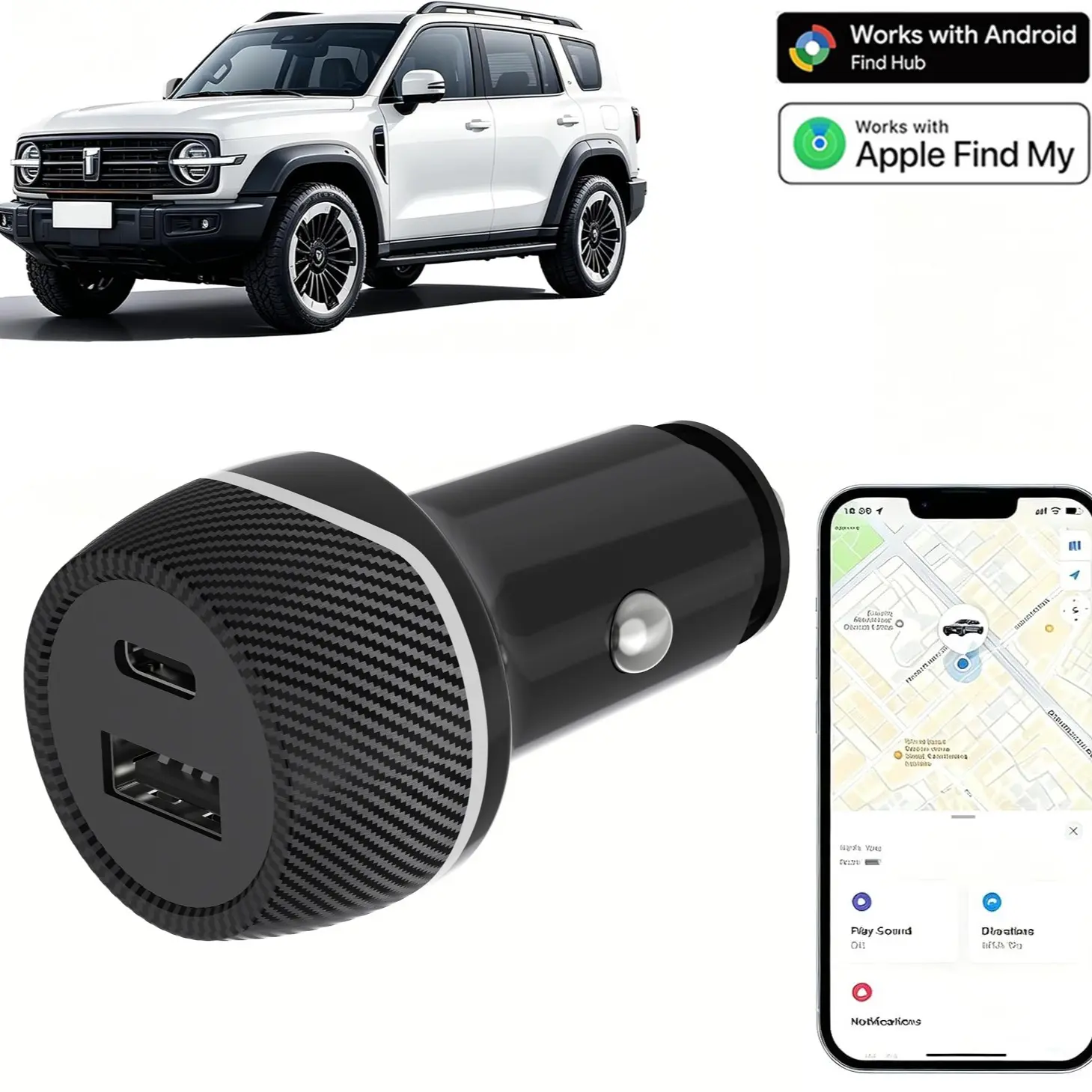 Car Charger Vehicle Locator Smart Car Kit, Compatible with iOS & Android | 2-in-1 car charger and vehicle Mobile locator, works with Apple Find My Google Find Hub,USB-C and USB-A charging, no monthly fee
