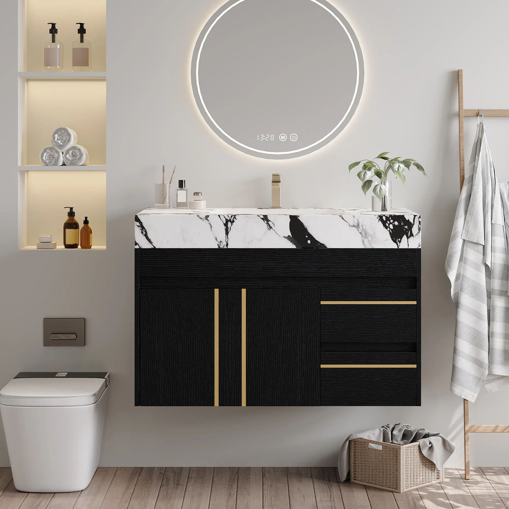 ARCH 36 Inch Floating Bathroom Vanity Cabinet with Ceramic Sink and Faux Marble Top, Wall Mounted Modern Bathroom Storage Cabinet with Soft Close Door, White Finish, Single Sink Vanity for Bathroom Organization and Space Saving, Bathroom Furniture