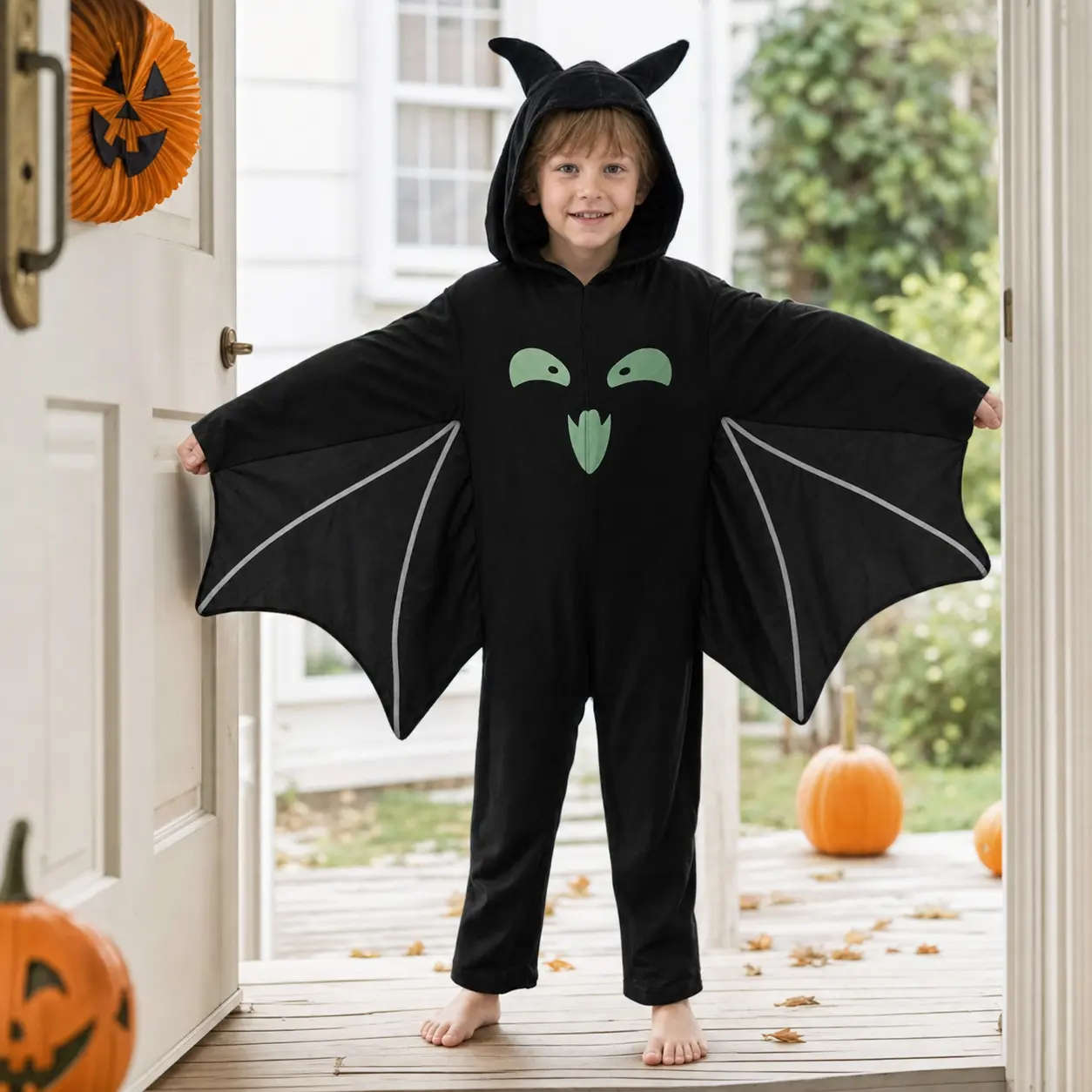 Kids Bat Halloween Costume with Hooded Wing Cape, Glow-in-the-Dark Vampire Bat Outfit for Boys Girls, Spooky Cute Trick or Treat Dress Up Party Cosplay