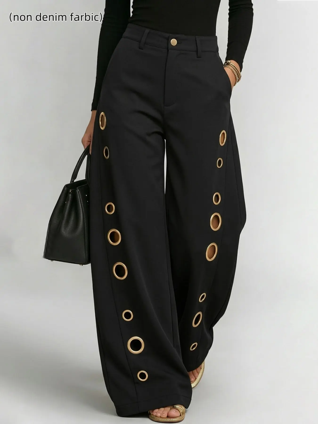 High-Waisted Wide-Leg Patchwork Pants, Button Closure, Hollow Out Pockets, Solid Color Design, Stylish Long Trousers for Women