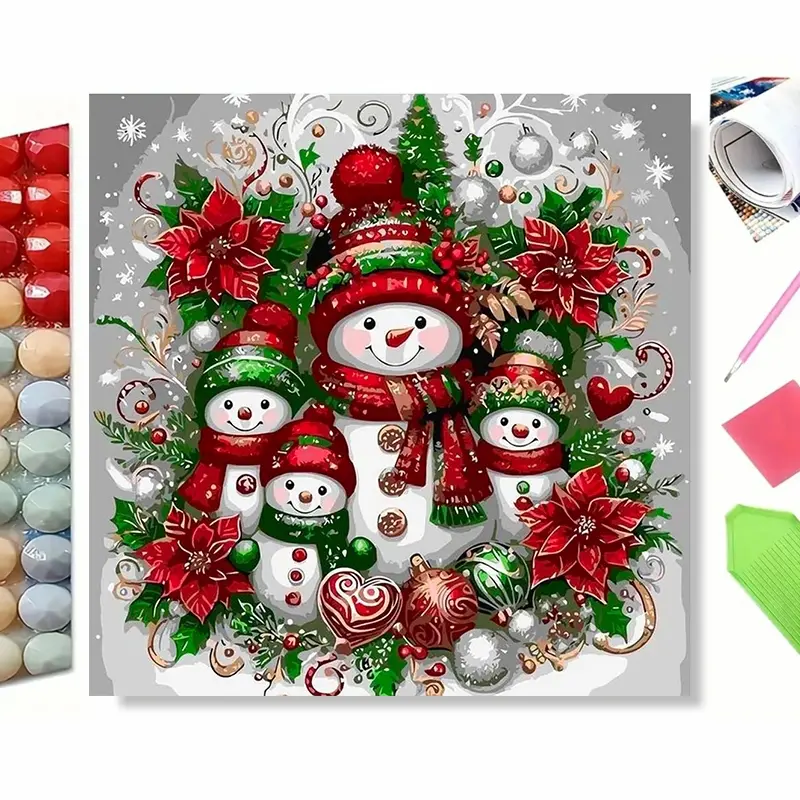 5D Diamond Painting Kit Cute Snowman Family Christmas Wreath, Winter Holiday Art With Poinsettia, Holly, Xmas Baubles And Snowflakes, Full Drill DIY Diamond Mosaic, Festive Wall Decor, Ideal Gift For Xmas Home Decoration