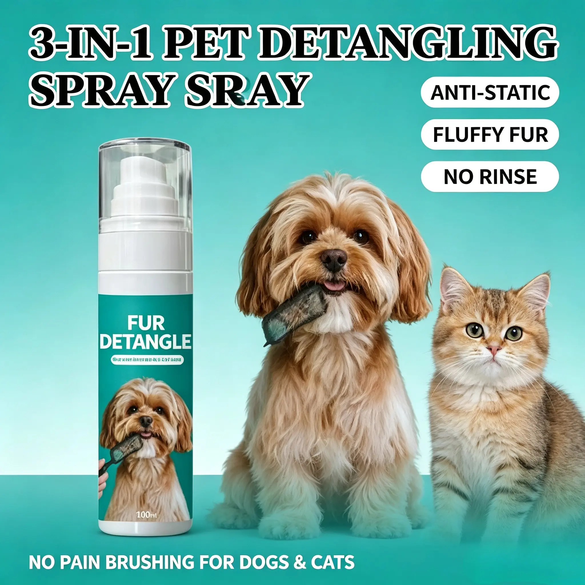 3-in-1 Pet Detangling Anti-Static Spray, Leave-In Nourishing Conditioner Mist, Eliminate Matted Frizz Fur for Long Hair Dogs & Cats
