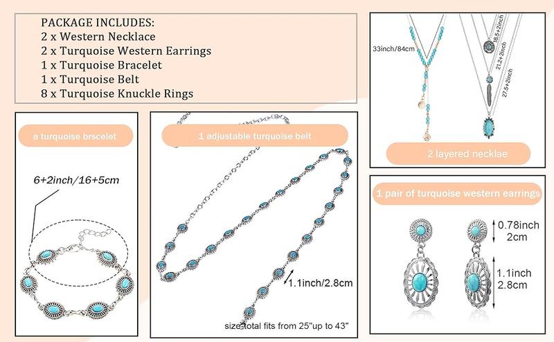 Florideco Bohemian Turquoise Jewelry for Women Men Western Turquoise Set Western Adjustable Belt Rings and Necklace Vintage Turquoise Drop Earrings Bracelet Western Boho Turquoise Jewelry for Women