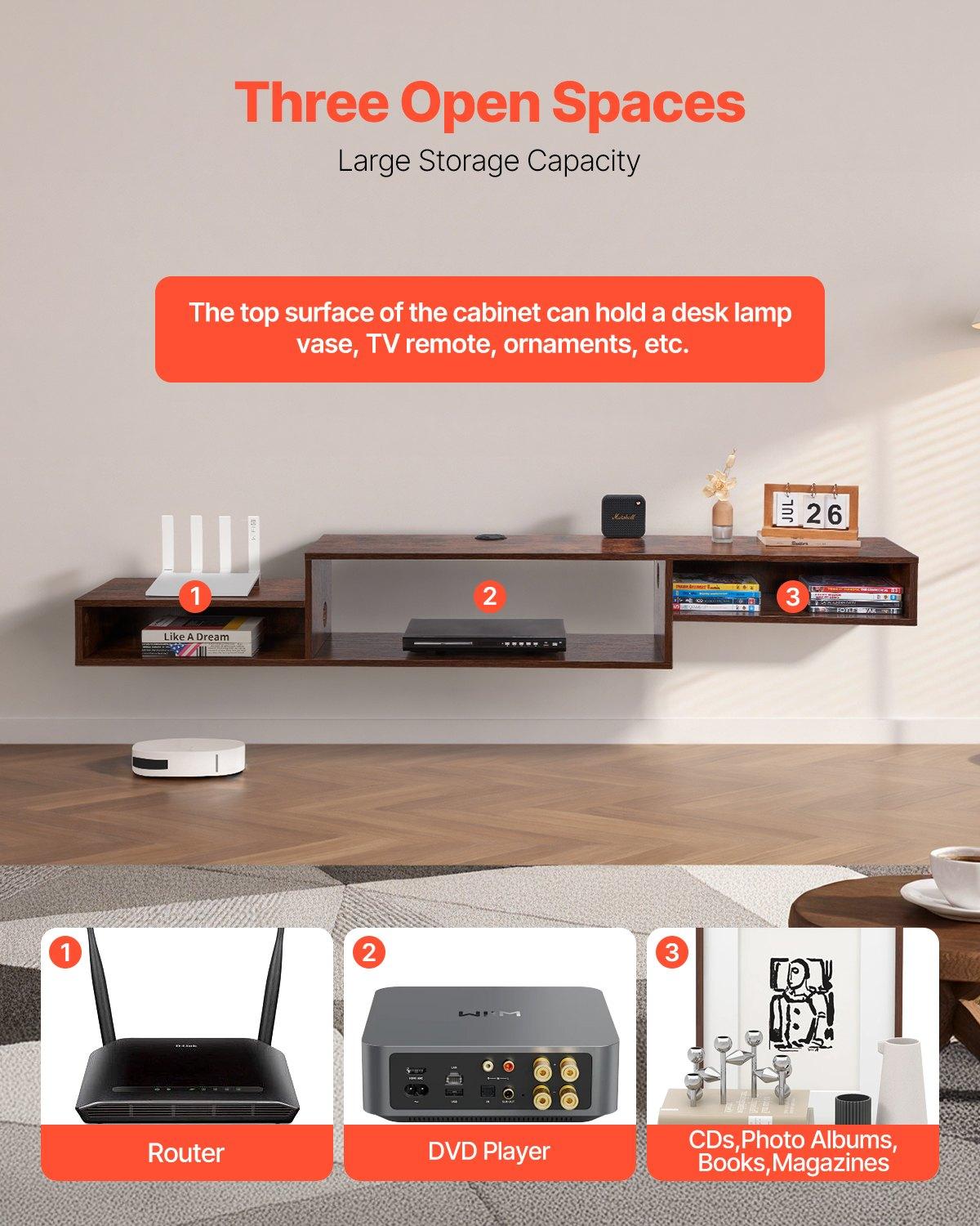 VEVOR Floating TV Stand, 70" Wall Mount Entertainment Center with Power Outlet & Cable Hole, Modern Floating TV Shelf with Storage Cabinet for DVD Player, Cable Box, Game Console, TV Accessory, Wood