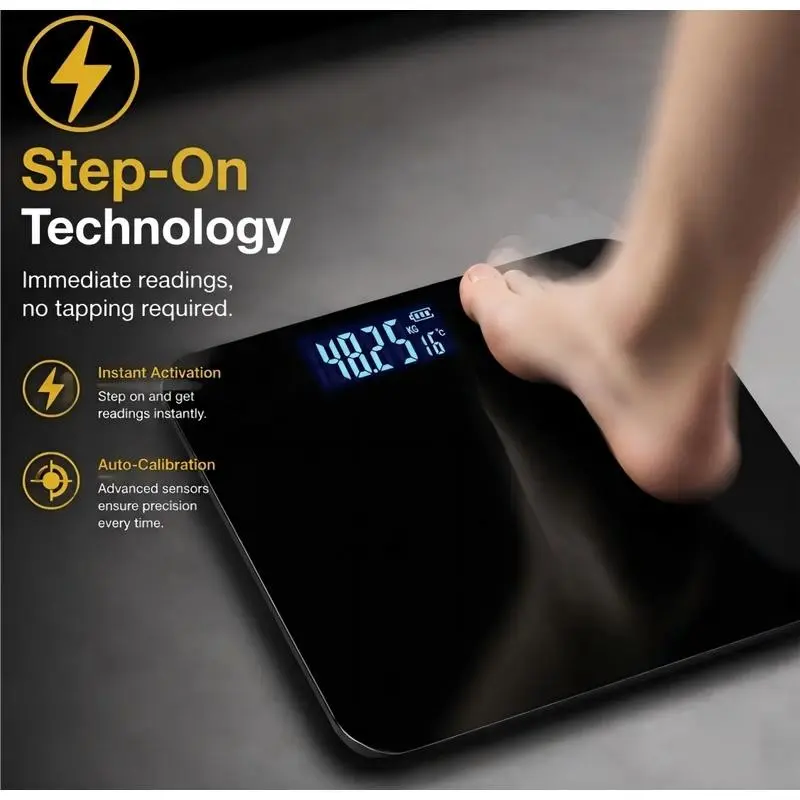Black Digital Bathroom Scale for Body Weight, Smart Step-On Technology, Backlit LCD Display, High Accuracy Weight Scale 400lb/180kg, Glass Slim Design, Auto On/Off, Home Use