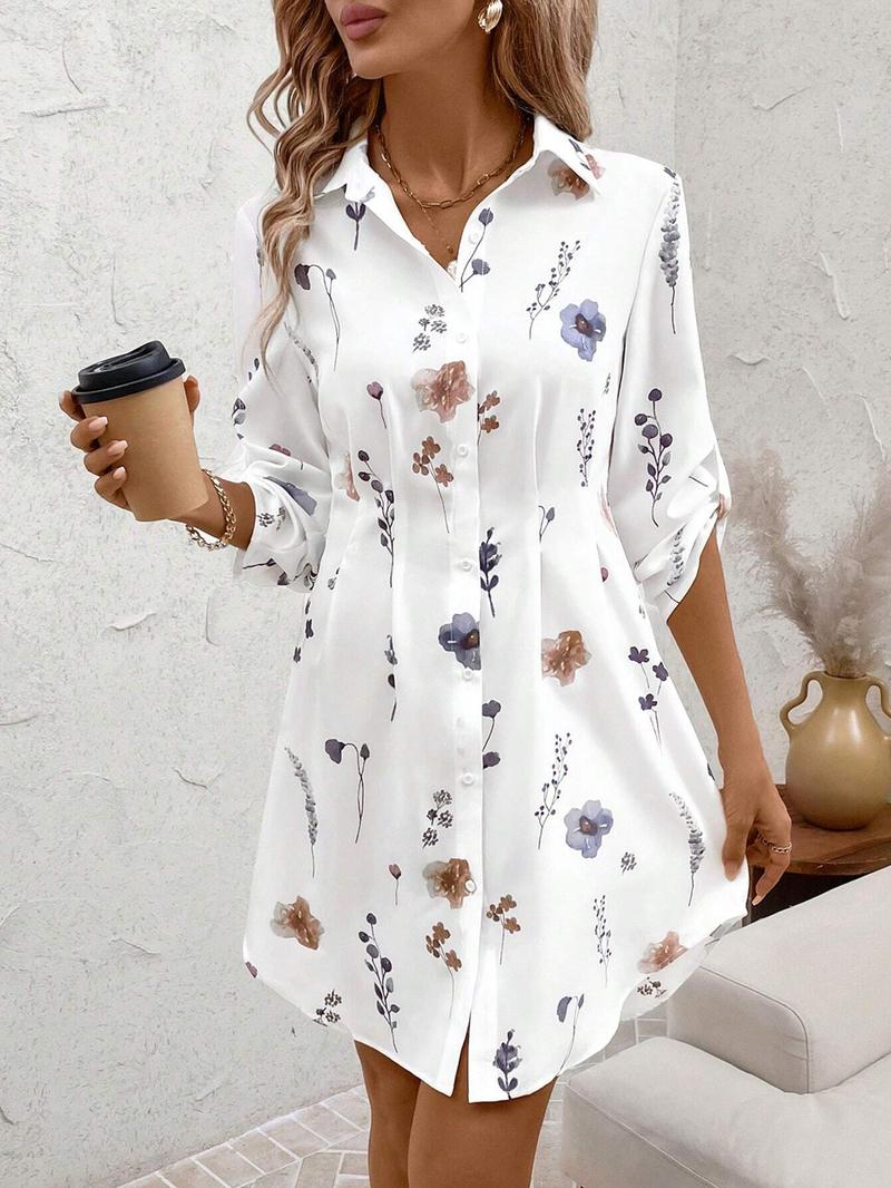 Women's Floral Print Button Front Shirt Dress, Casual Roll Up Sleeve Collared Short Dress for All Seasons, Women's Clothes for Daily Wear