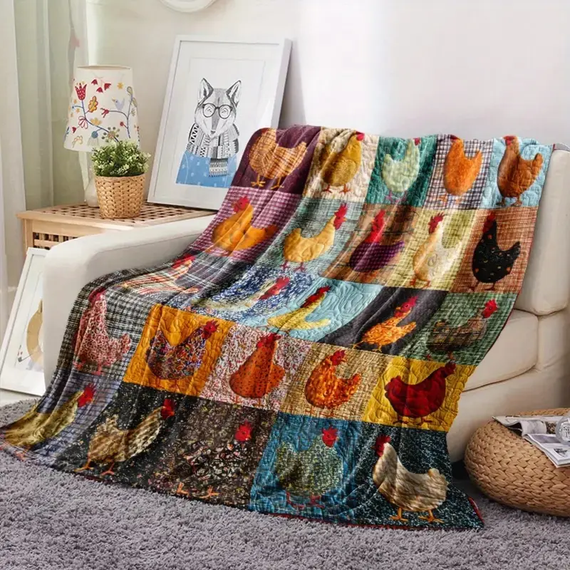 Vintage Style Colorful Chicken Patchwork Quilt, Soft Flannel Fabric, Digital Print, 250-300gsm, Ideal for Sofa, Bed, Office, Car, Camping