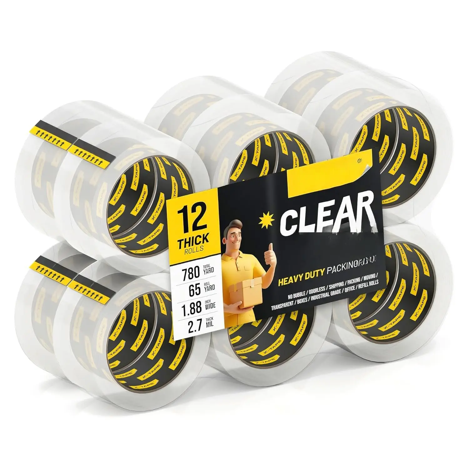 Clear Packing Tape (12 Rolls / 780  Yards), Heavy Duty Packaging Tape for Shipping, Moving, Sealing and Refills, 65 Yards Per Roll, 2.7mil Thick, 1.88 inches Wide