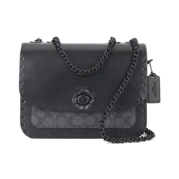 COACH Madison 24 Leather Crossbody Bag for Women – Camellia-Motif Metal Studs, Snakeskin Detail, Medium Size, Black